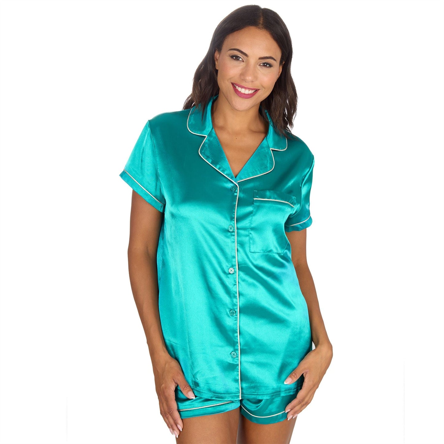 Slumber Party Womens Satin Pyjama Top and Shorts - Teal Slumber Party