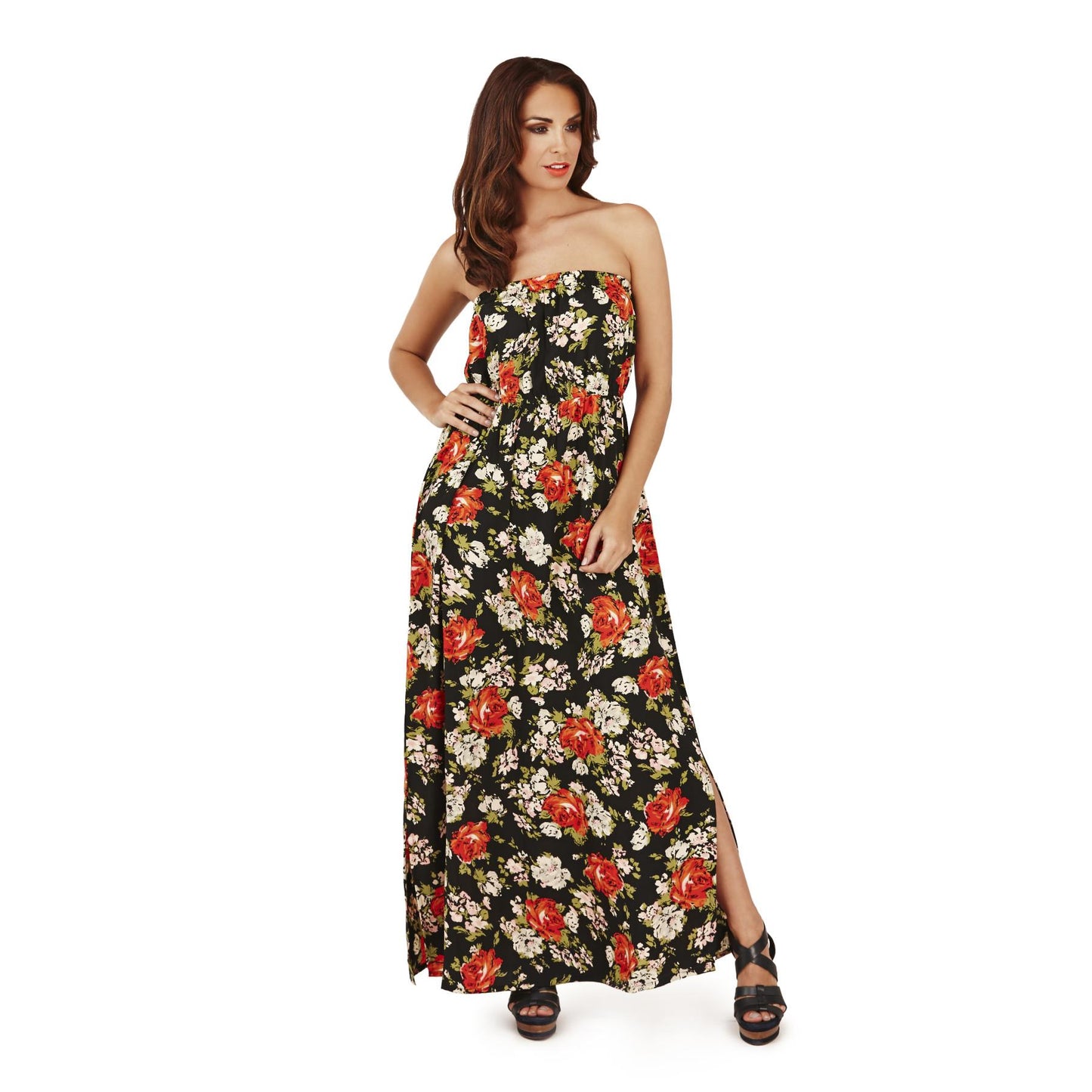 Pistachio Rose Print Bandeau Maxi Dress - Black/Red