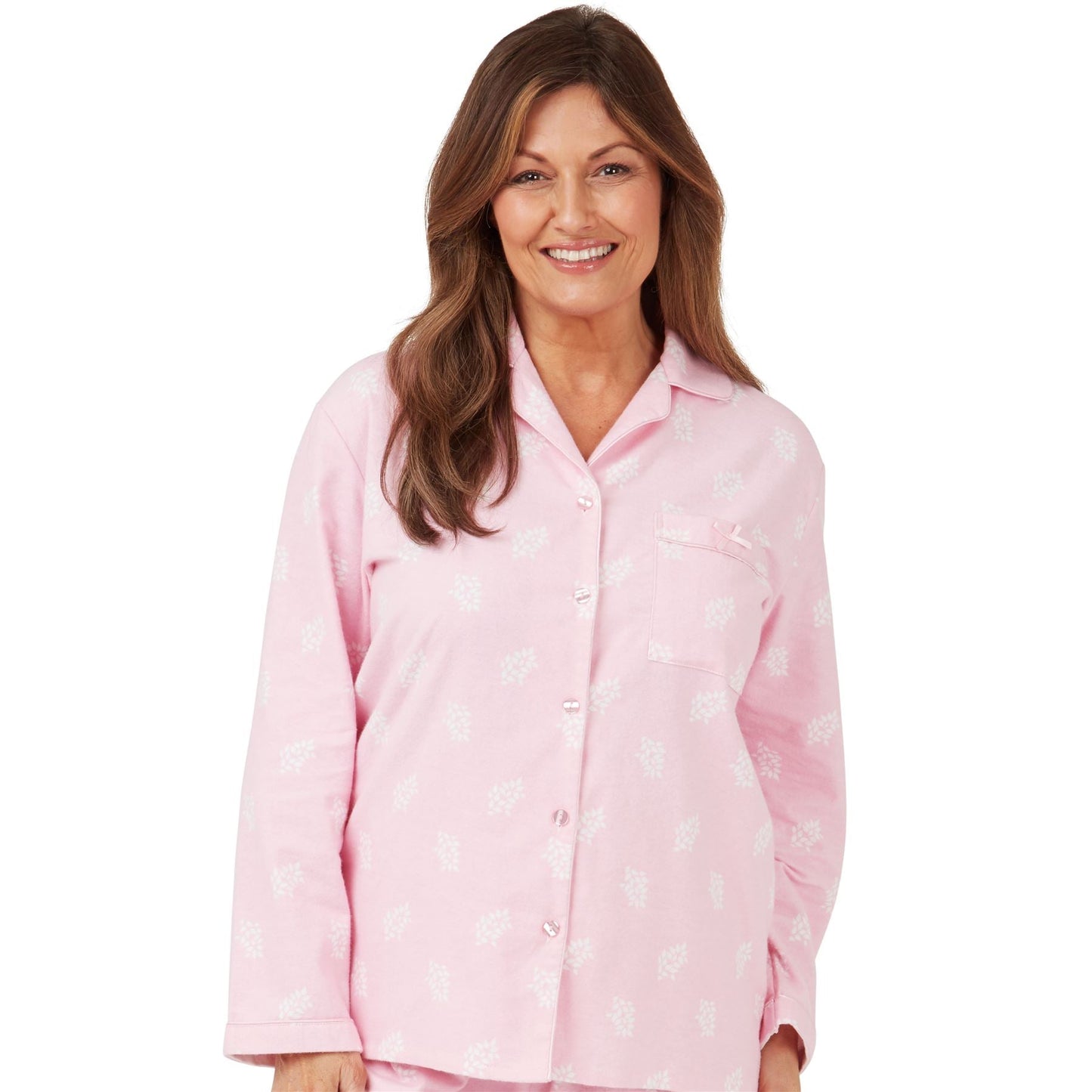 Marlon Womens Leaf Print Brushed Cotton Pyjamas - Pink Marlon