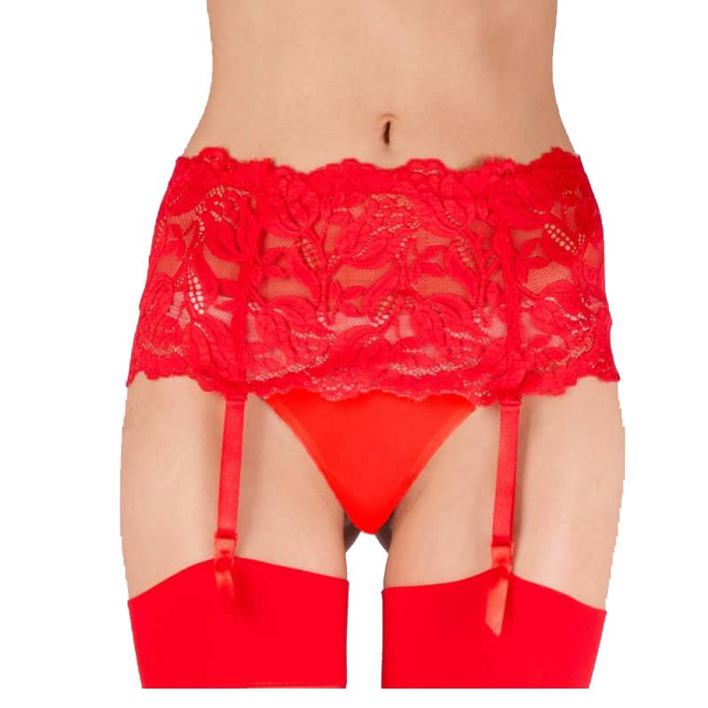 Silky Wide Lace Suspender Belt - Red