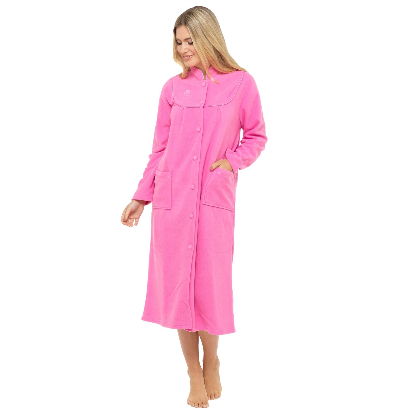 Lady Olga Long Button Through Fleece Robe - Pink
