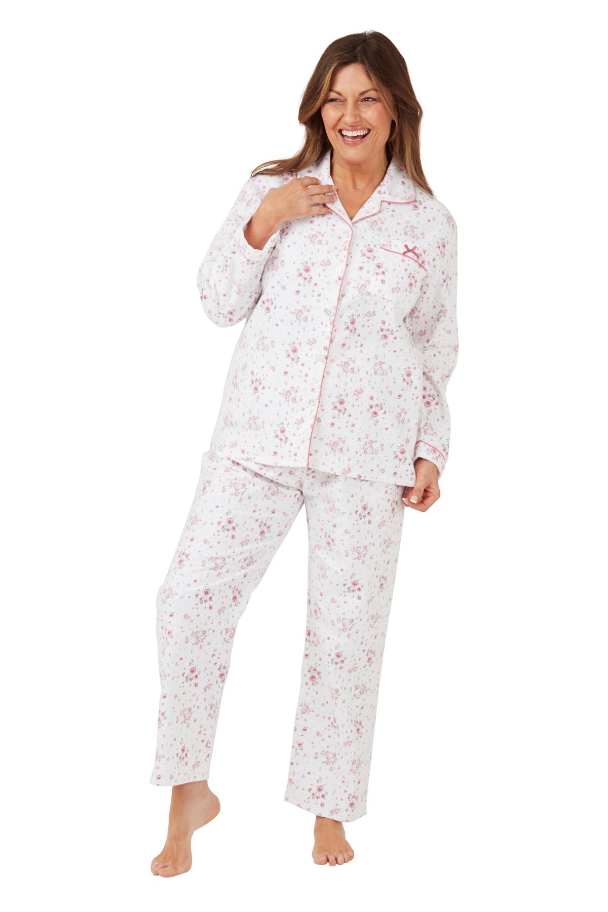 Marlon Womens Floral Brushed Cotton Pyjamas - White/Pink Marlon