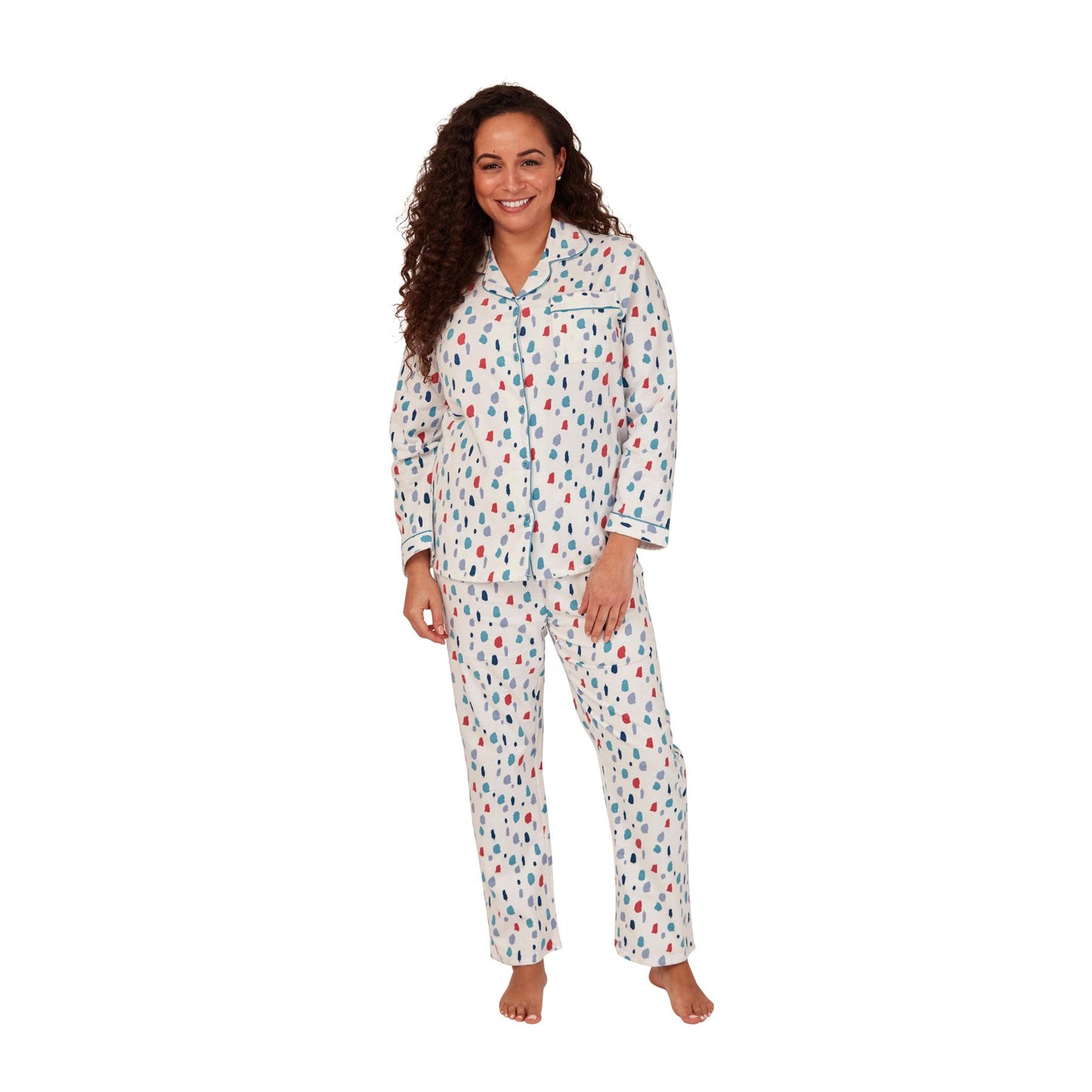 Indigo Sky Womens Splat Spot Brushed Cotton Pyjama Set - Ivory Indigo Sky