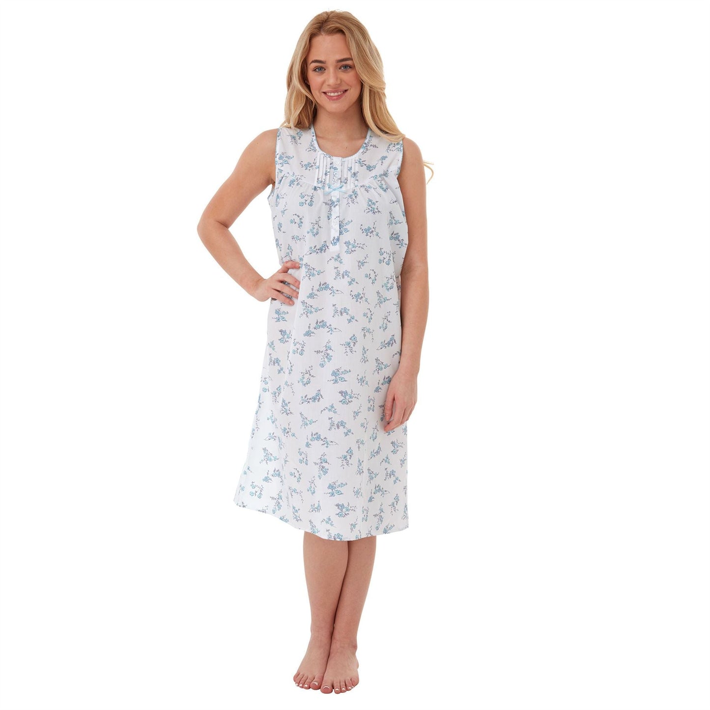 Lady Olga Womens Poly Cotton Sleeveless Floral Nightdress - White/Blue Lady Olga