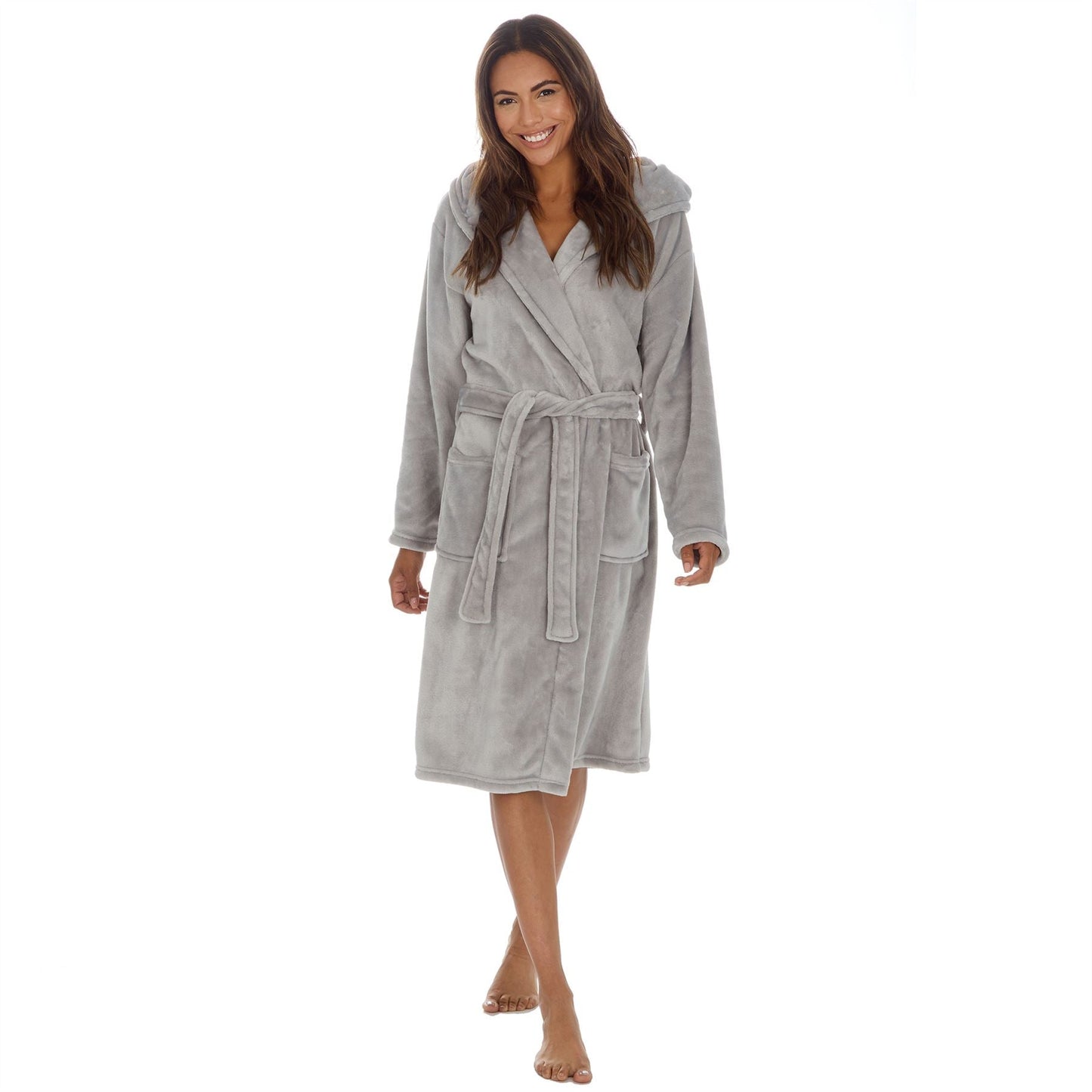 Slumber Party Womens Plain Fleece Hooded Robe - Grey Slumber Party