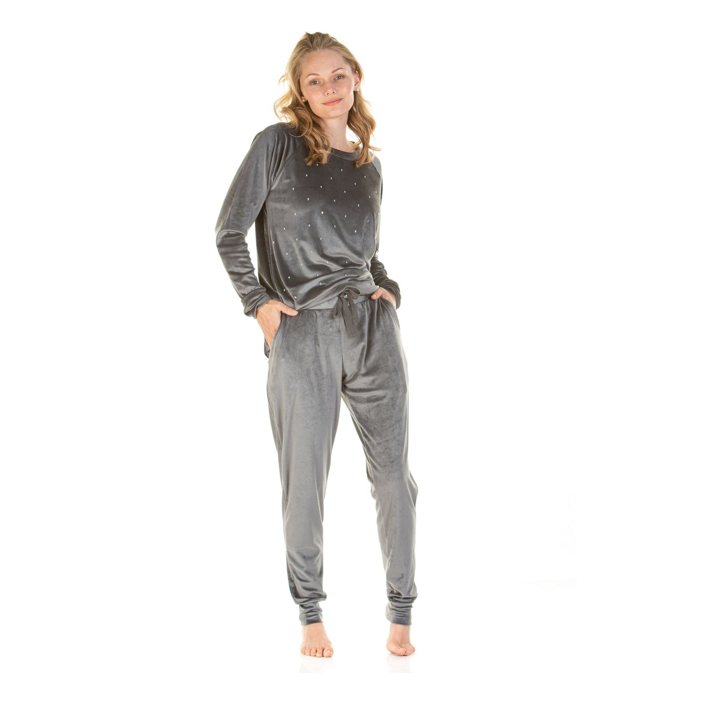 La Marquise Womens Velour Lounge Diamond Front Pyjamas - Charcoal La Marquise