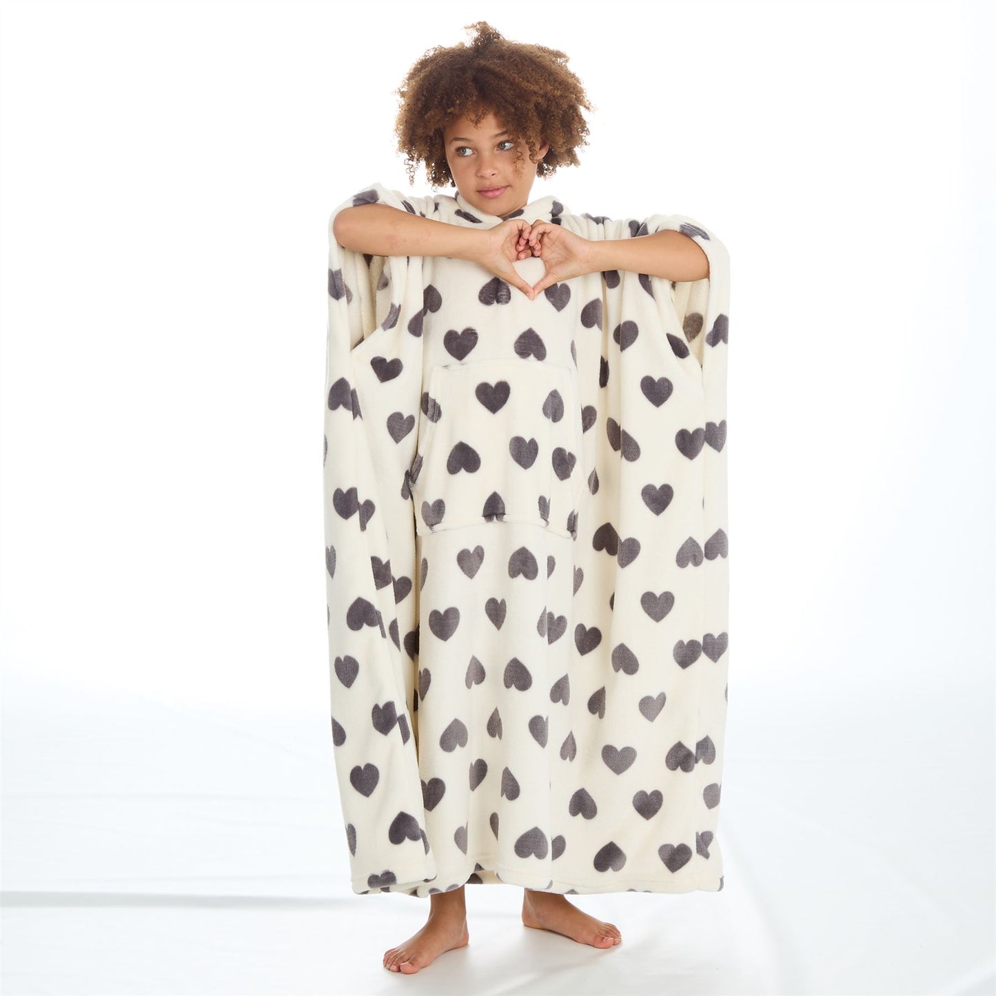 Huggable Hoodie Kids Fleece Oversized Poncho - Cream/Grey Hearts