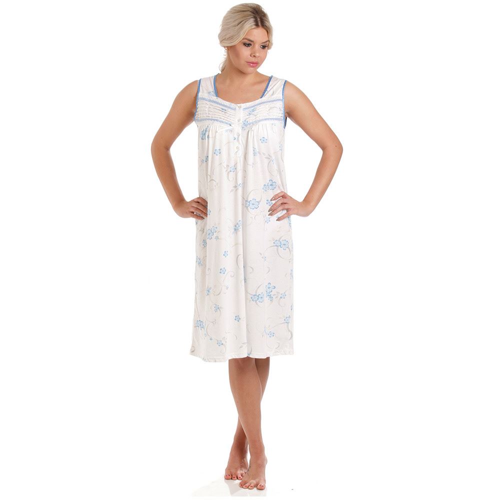 Lady Olga Womens Floral Jersey Sleeveless Nightdress - Blue Lady Olga