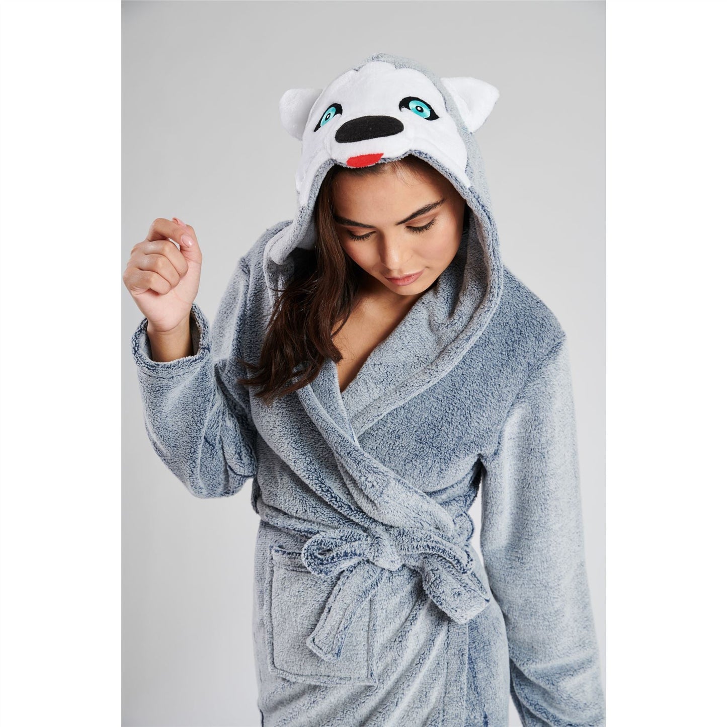 Loungeable Womens Husky Dog Fleece Hooded Robe - Blue/Grey Loungeable