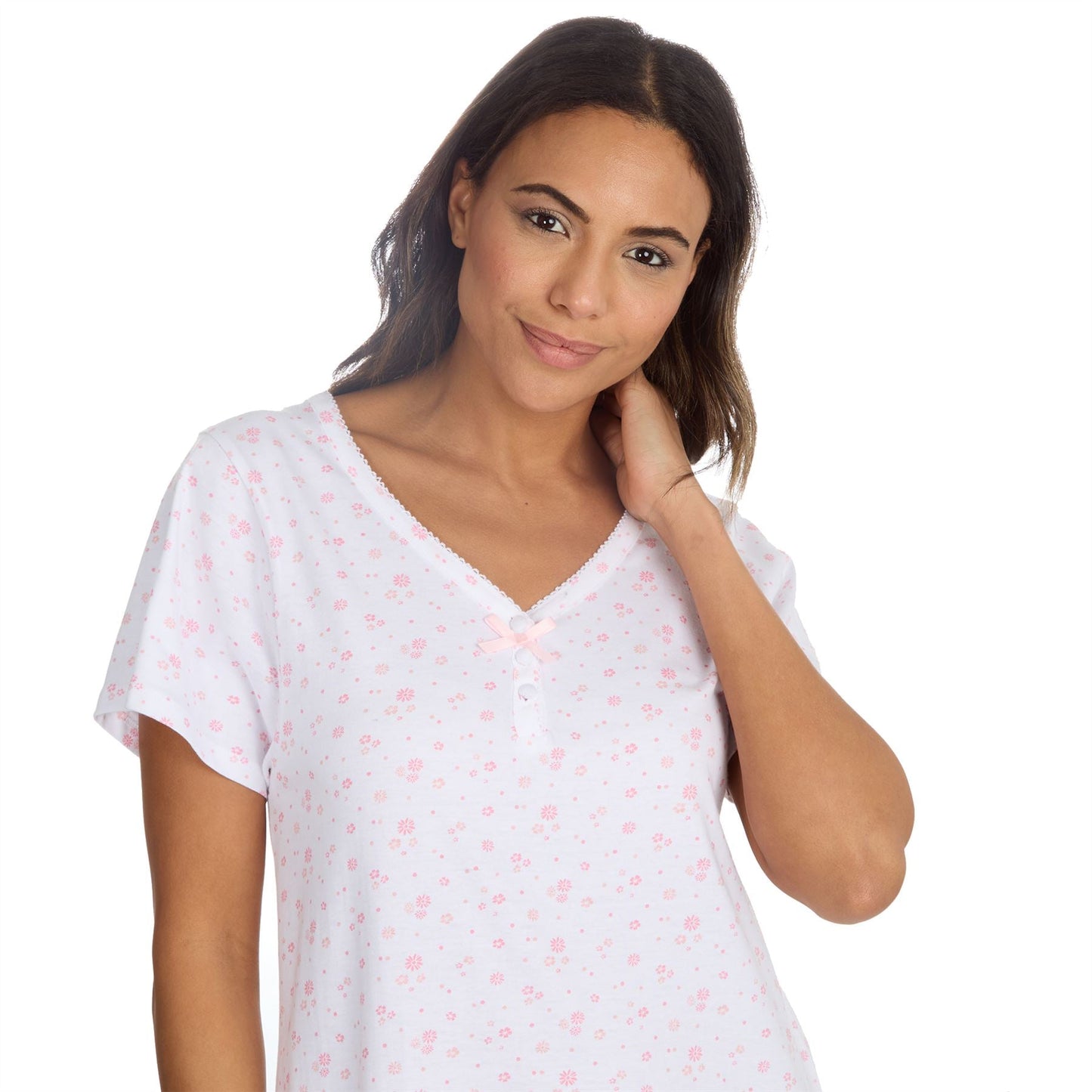 Cottonique Short Sleeve Floral Longline Nightdress - White/Pink Cottonique