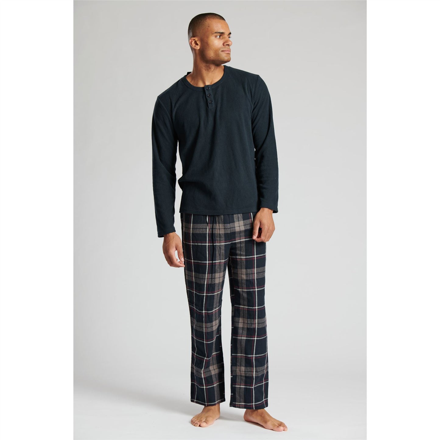 Loungeable Mens Ribbed Fleece/Woven Pyjamas - Navy/Navy Check