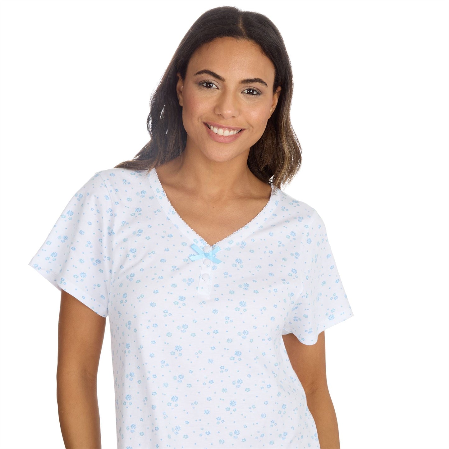 Cottonique Short Sleeve Floral Longline Nightdress - White/Blue Cottonique
