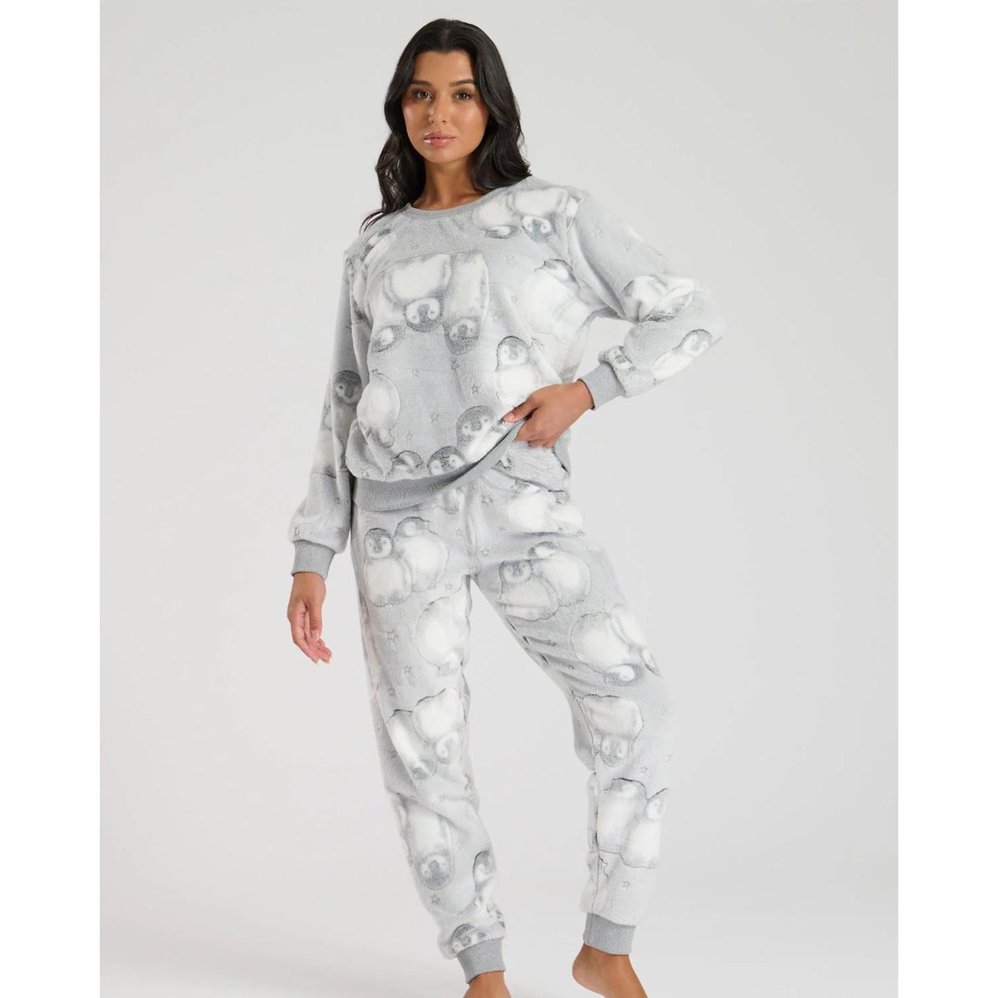 Loungeable Womens Luxury Penguin Fleece Pyjamas - Silver