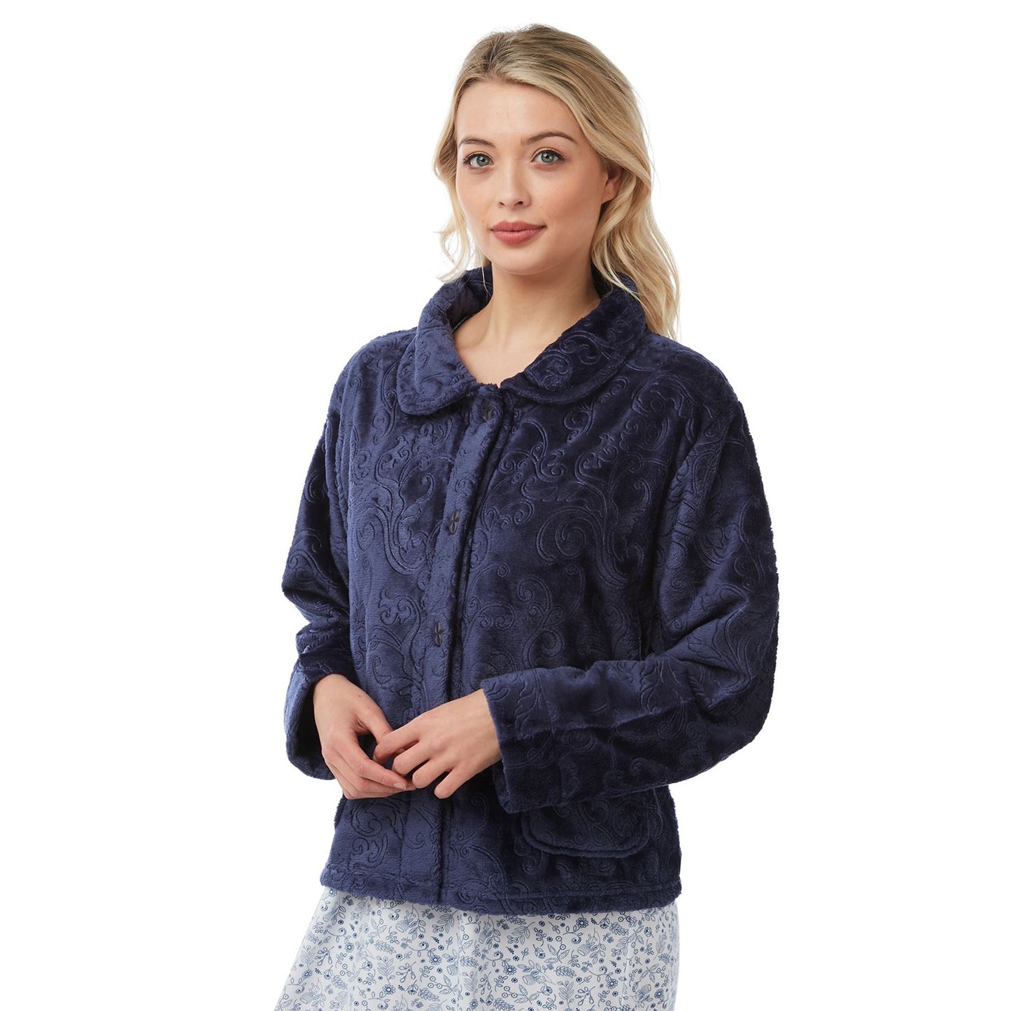 Lady Olga Button Through Embossed Bedjacket - Navy