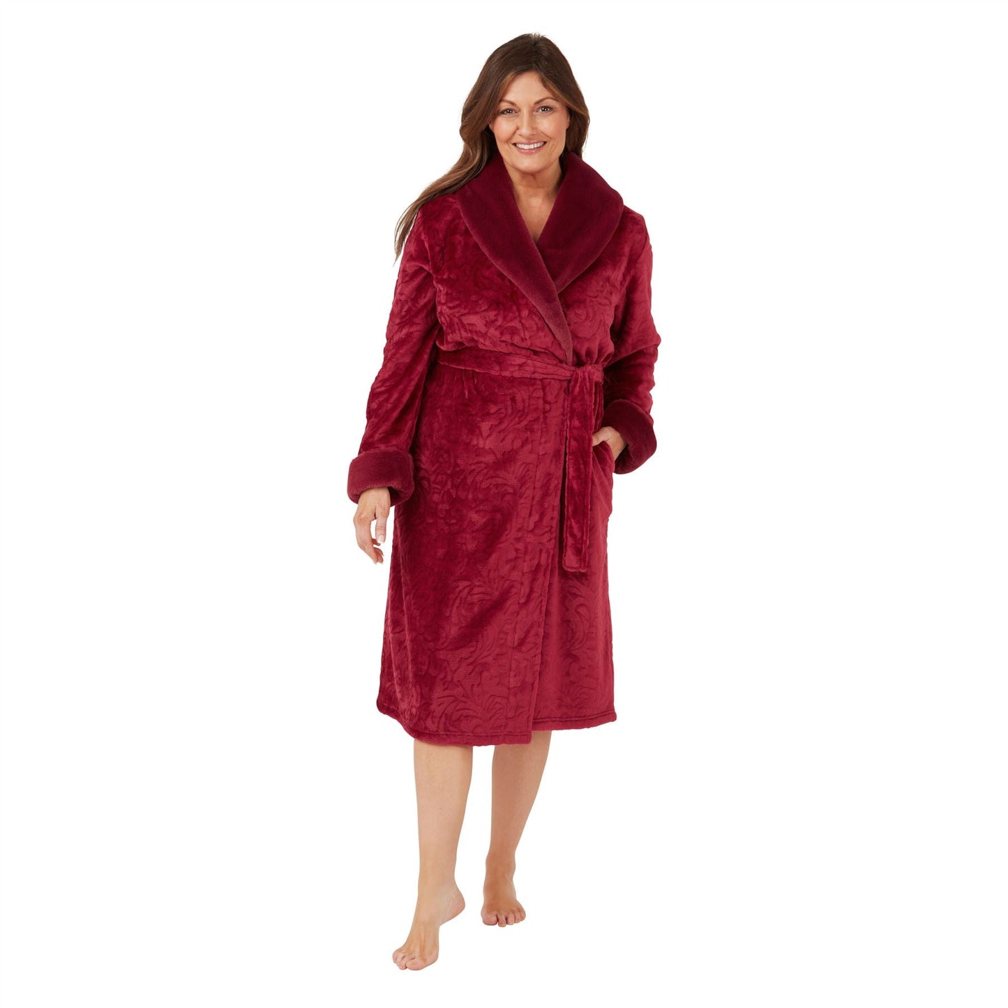 Marlon Womens Swirl Fleece Robe with Faux Fur Collar - Plum Marlon