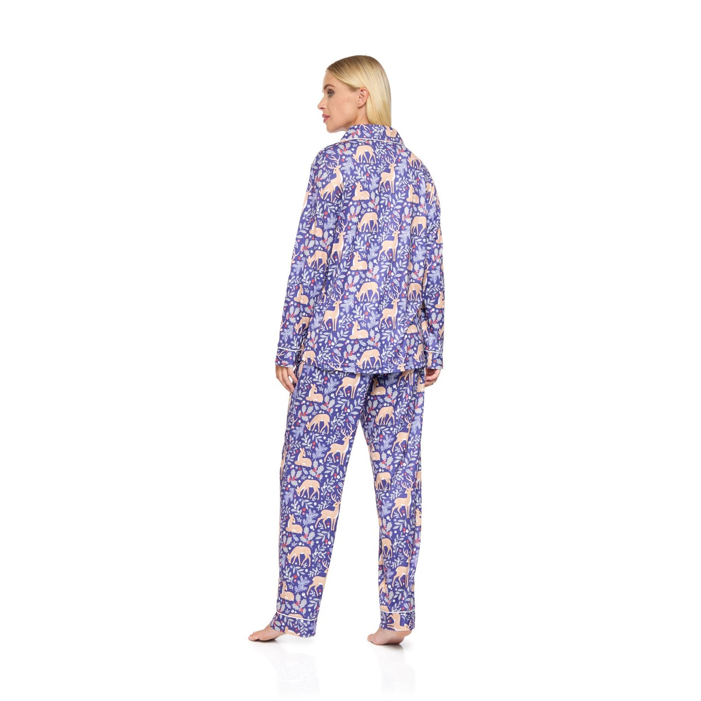 La Marquise Womens Jersey Knit Button Through Winter Fawn Pyjamas - Blue