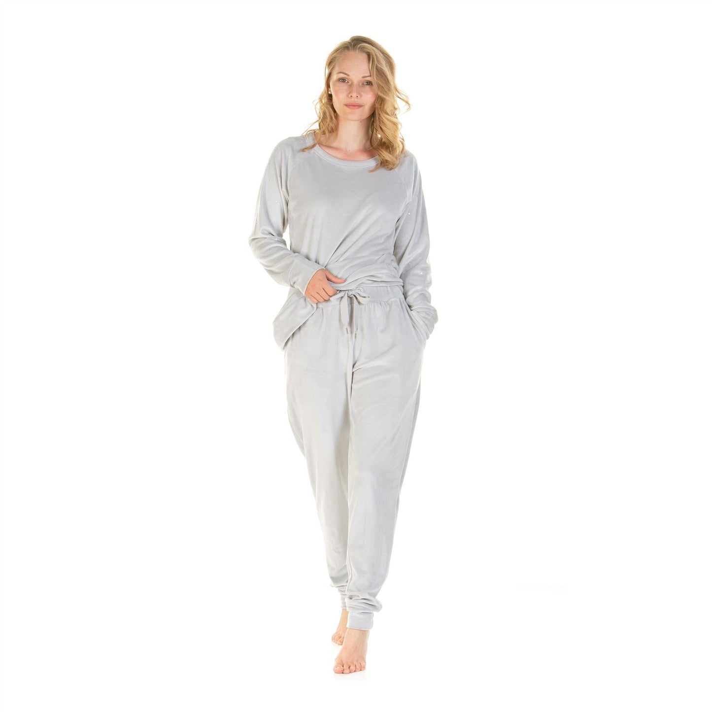 La Marquise Womens Velour Lounge Diamond Shoulder Pyjamas - Grey La Marquise