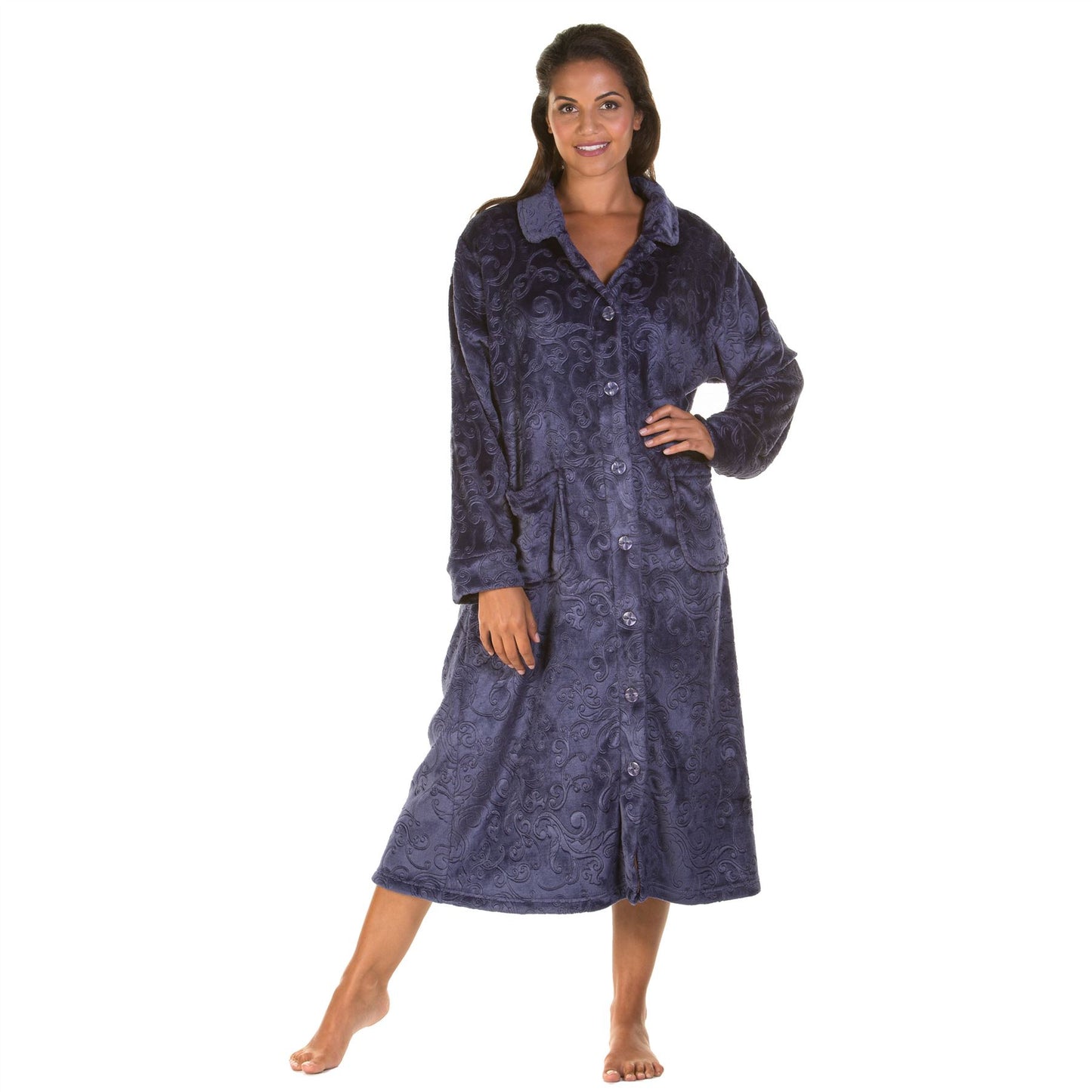 Lady Olga Button Through Embossed Fleece Robe - Navy