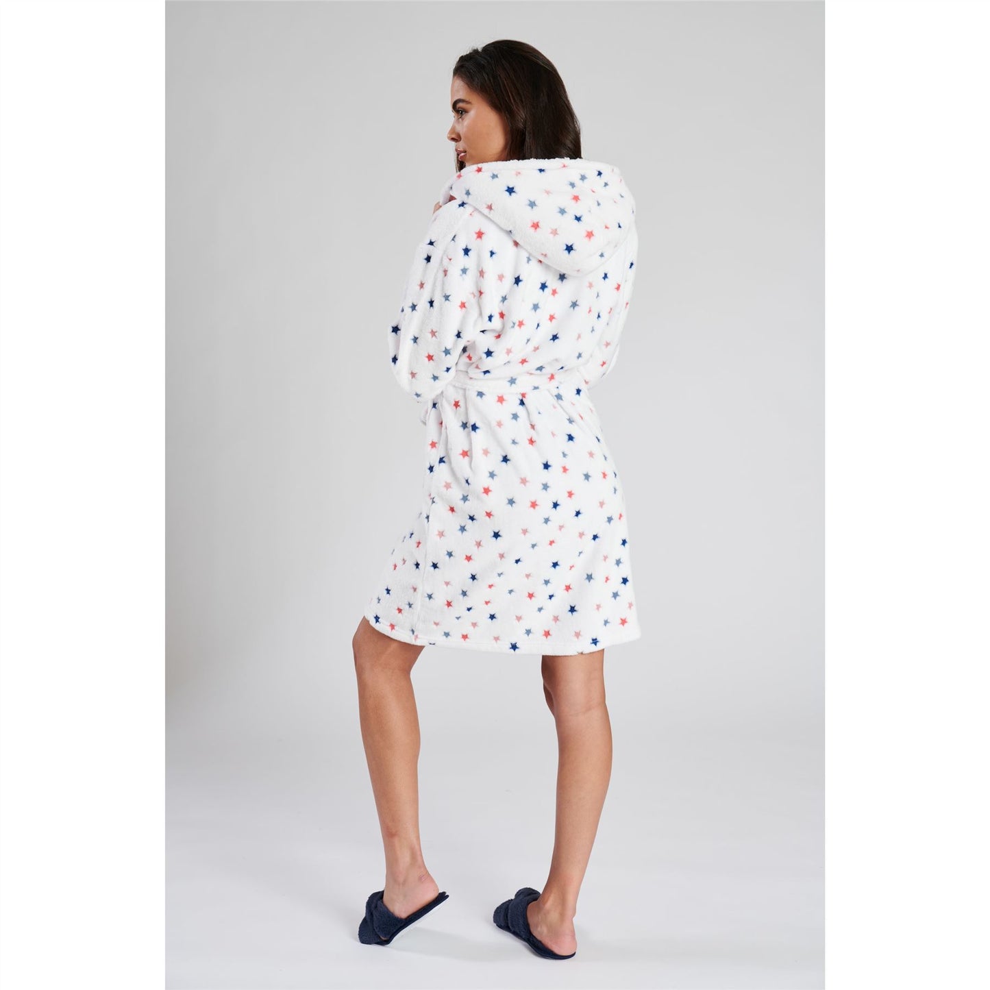 Loungeable Womens Star Embossed Fleece Hooded Robe - White/Multi