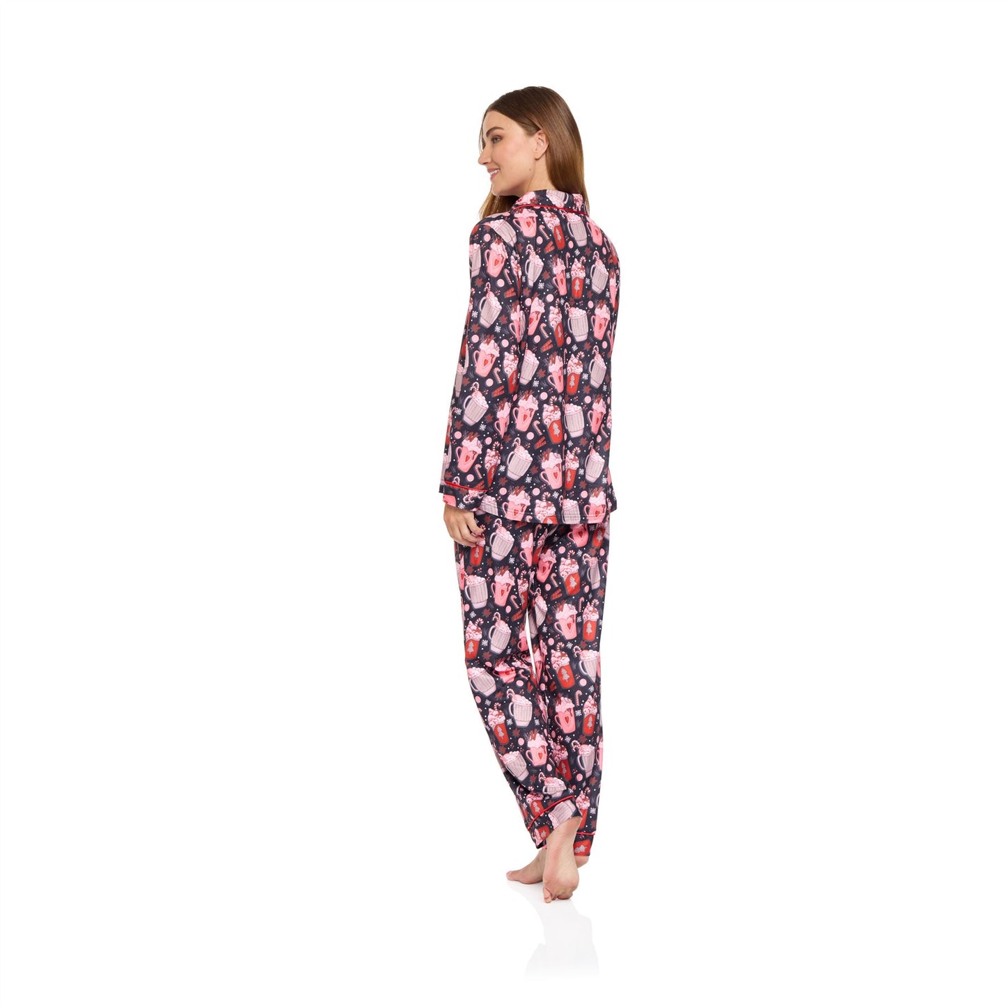 La Marquise Womens Jersey Knit Button Through Hot Chocolate Pyjamas - Black La Marquise