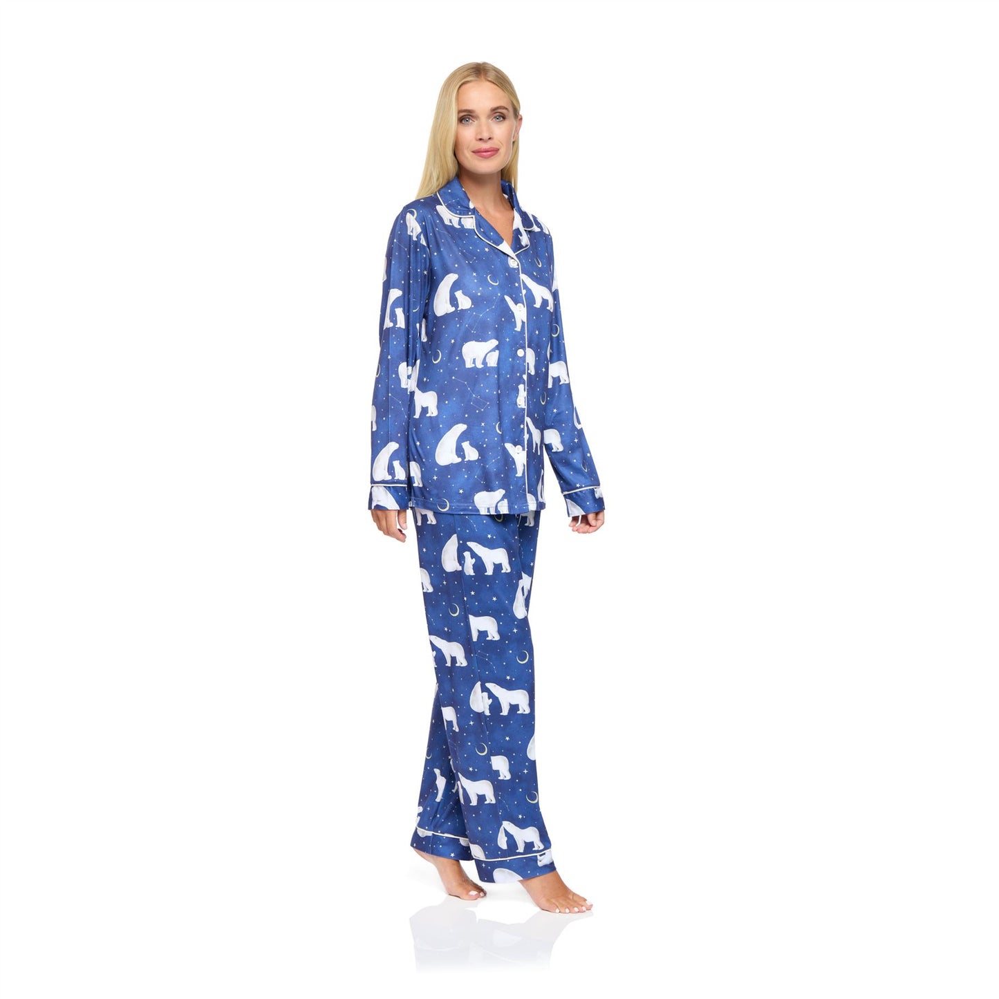 La Marquise Womens Jersey Knit Button Through Polar Bear Pyjamas - Navy