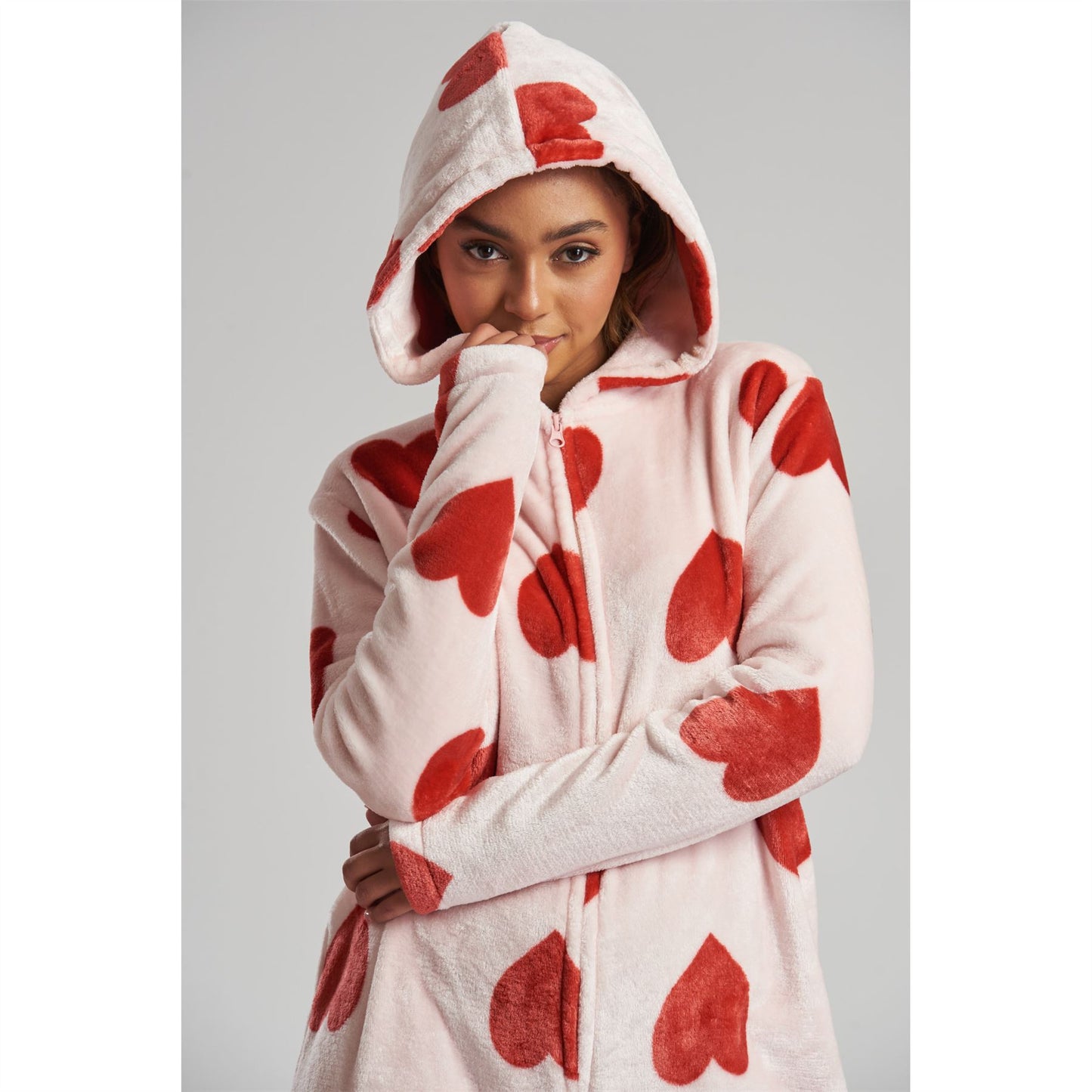 Loungeable Womens Heart Luxury Fleece Onesie - Pink Loungeable