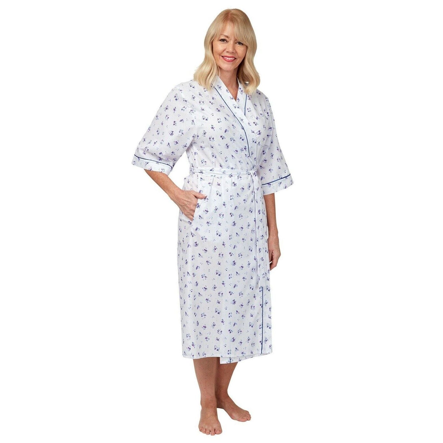 Marlon Womens Poly Cotton Short Sleeve Floral Robe - Blue Marlon