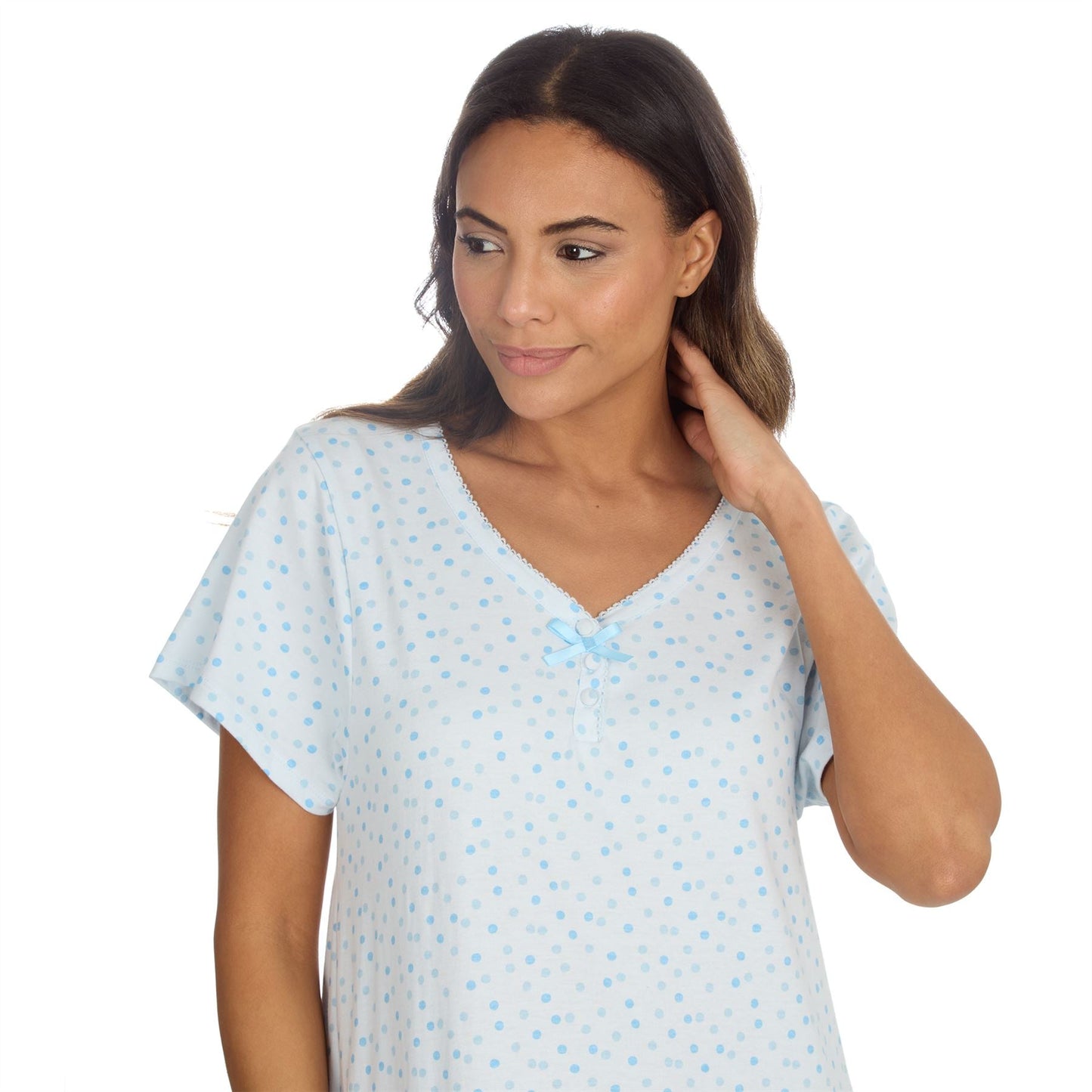 Cottonique Short Sleeve Pastel Spot Longline Nightdress - Blue Cottonique