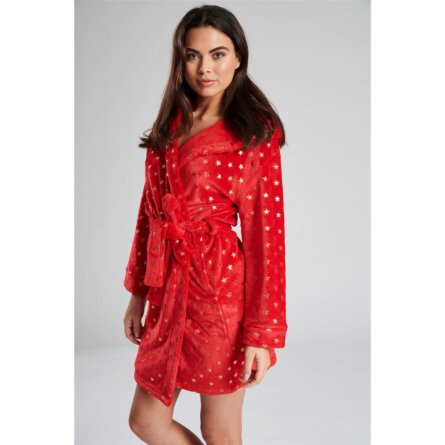 Loungeable Womens Star Fleece Hooded Robe - Red/Gold Loungeable