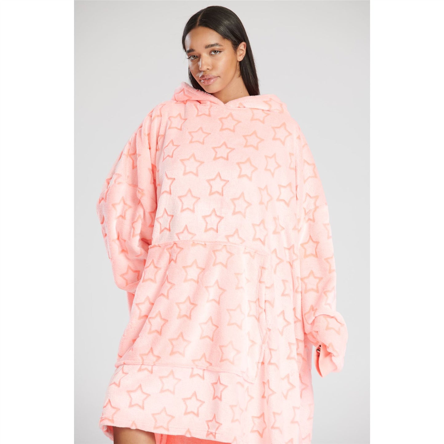 Loungeable Womens Long Fleece Hooded Star Poncho - Pink