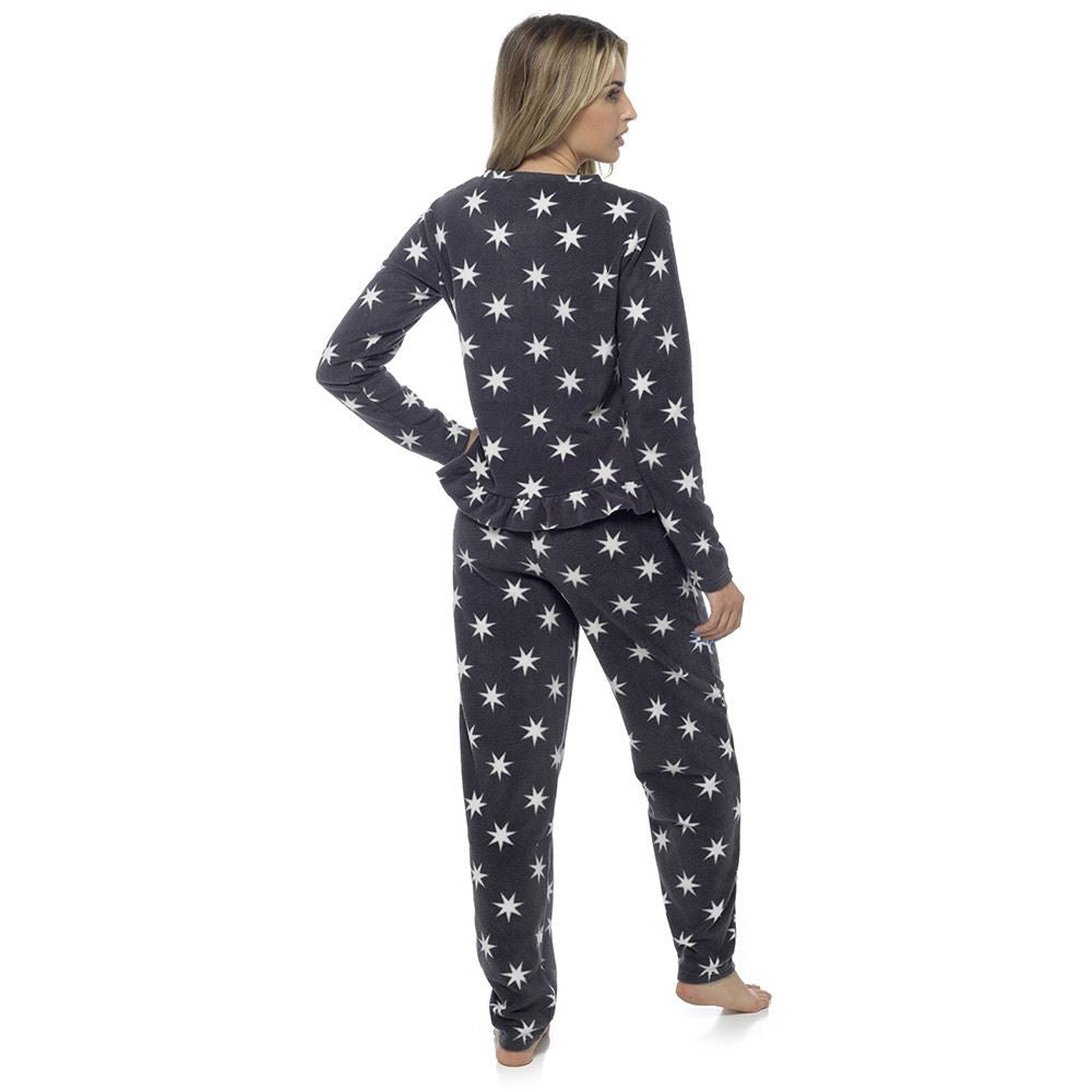 Foxbury Womens Star Print Ruffle Fleece Pyjamas - Charcoal Foxbury