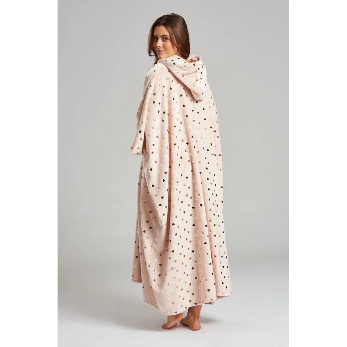 Loungeable Womens Foil Heart Long Luxury Fleece Hooded Poncho - Pink