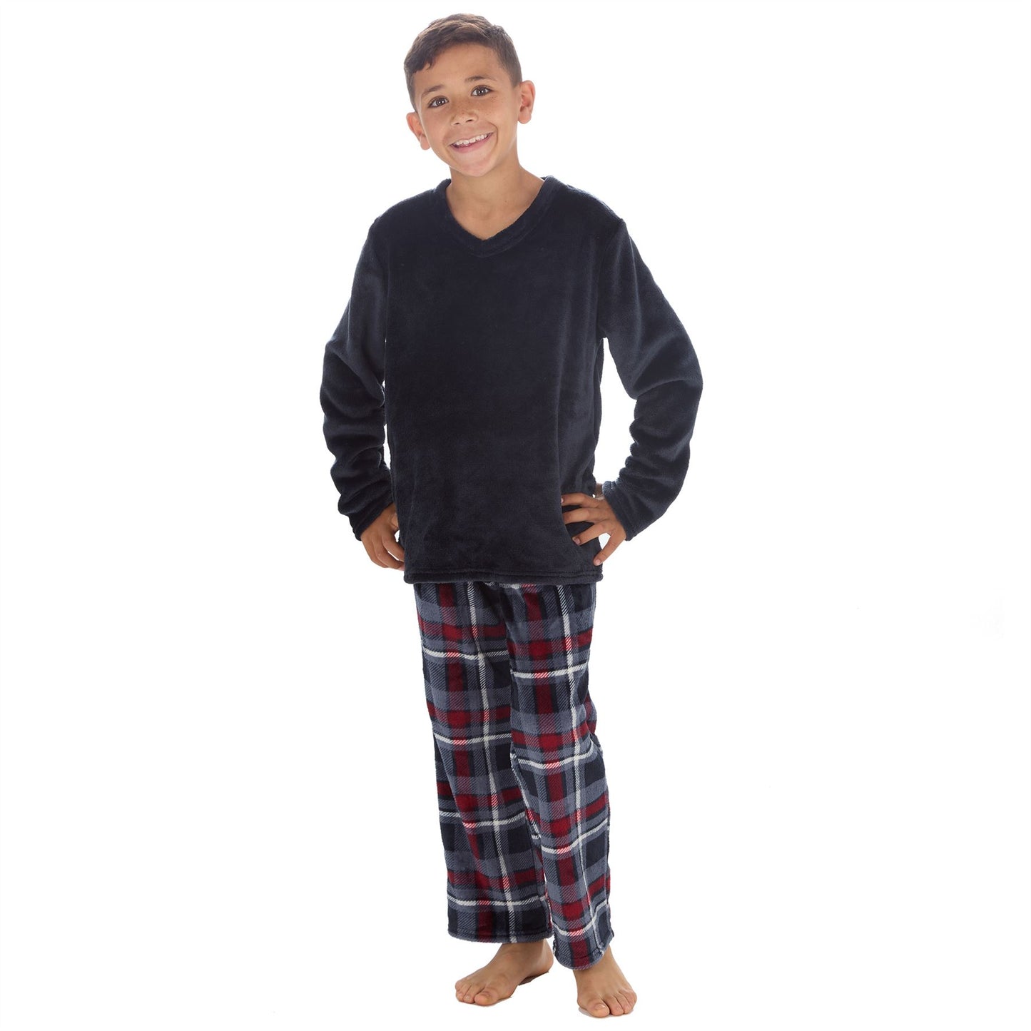 Cargo Bay Kids Fleece Pyjamas - Navy/Burgundy Check