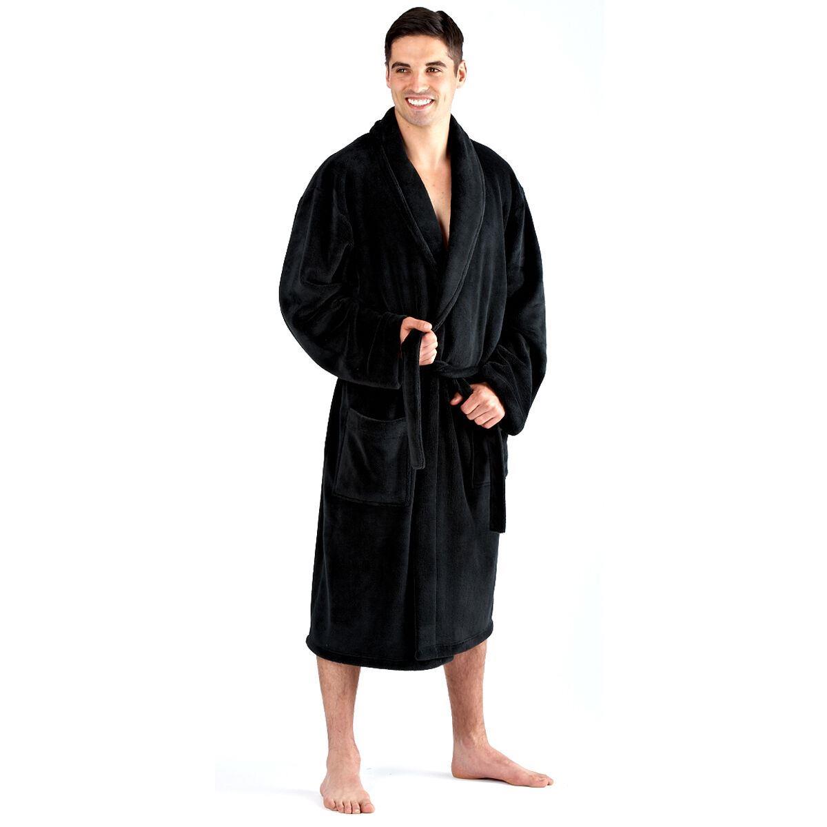 Loungeable Mens Solid Collar Fleece Robe - Black Loungeable
