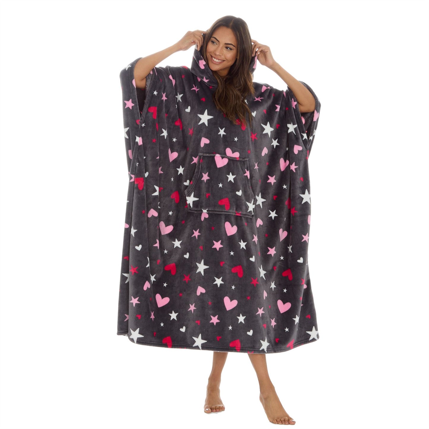 Huggable Hoodie Womens Fleece Oversized Poncho - Grey Stars/Hearts Huggable Hoodie