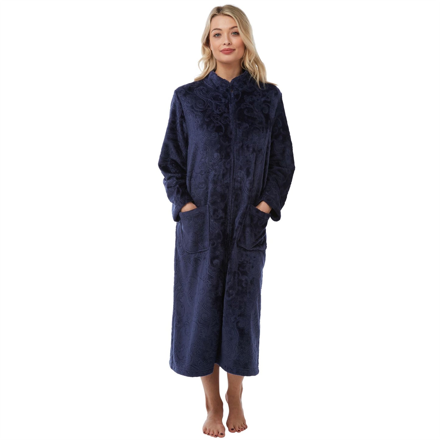 Lady Olga Zip Through Embossed Fleece Robe - Navy