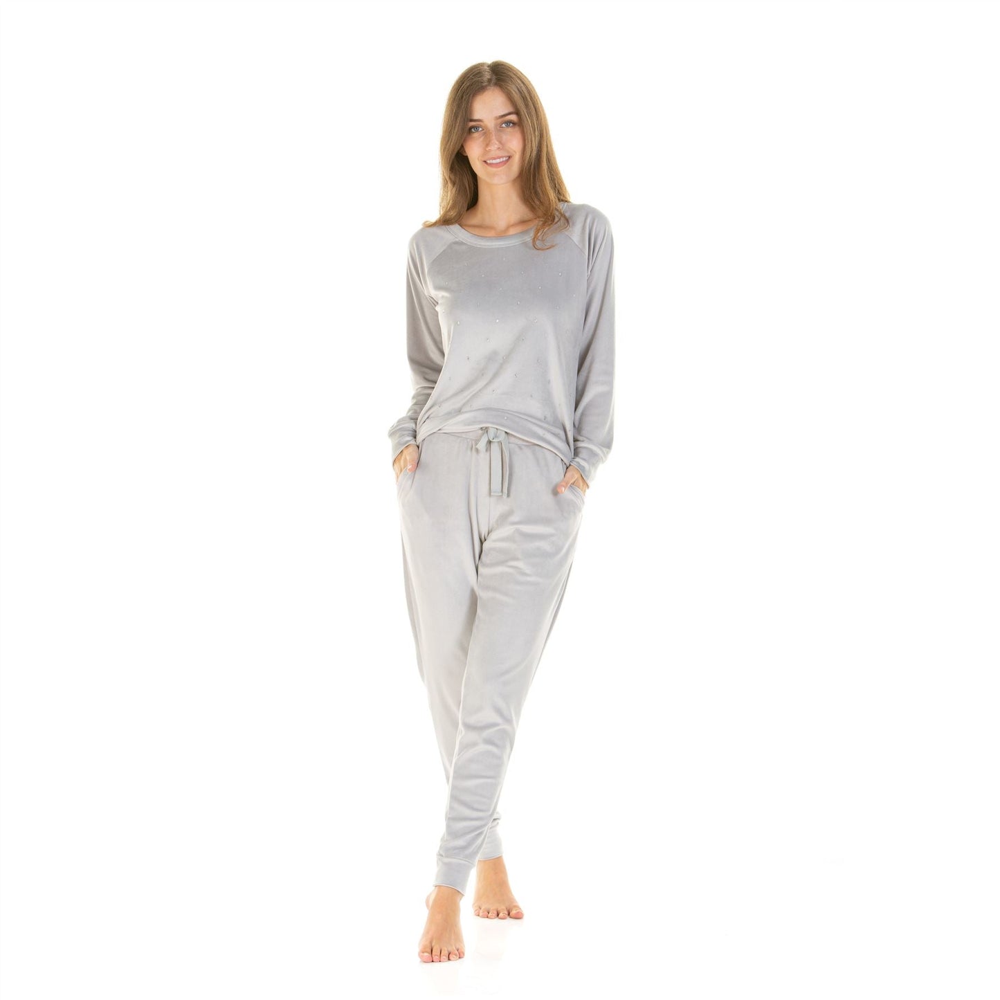 La Marquise Womens Velour Lounge Diamond Front Pyjamas - Grey La Marquise