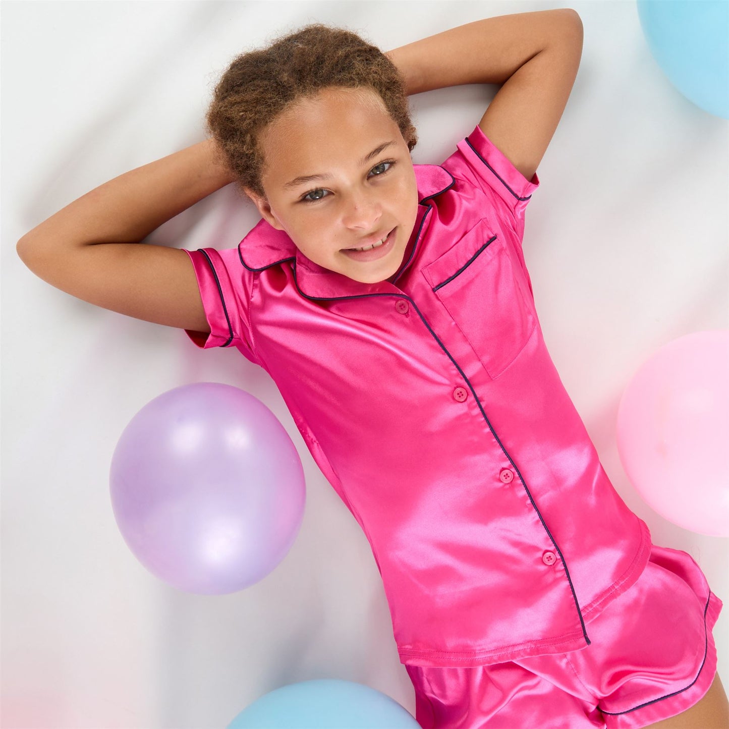 Slumber Party Girls Satin Pyjama Top and Shorts - Pink/Navy
