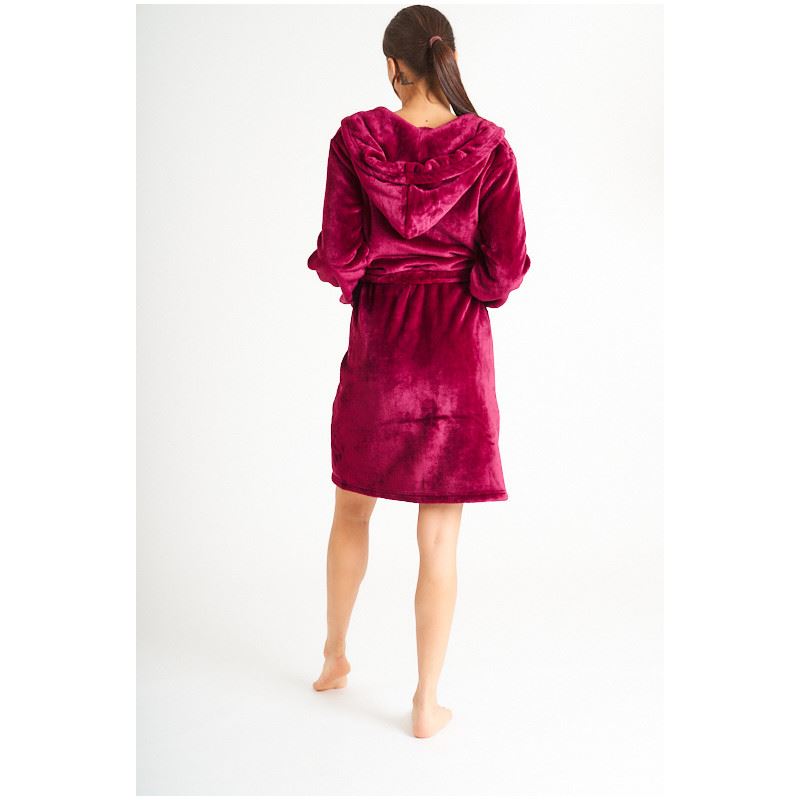 Loungeable Womens Satin Trim Fleece Hooded Robe - Plum Loungeable