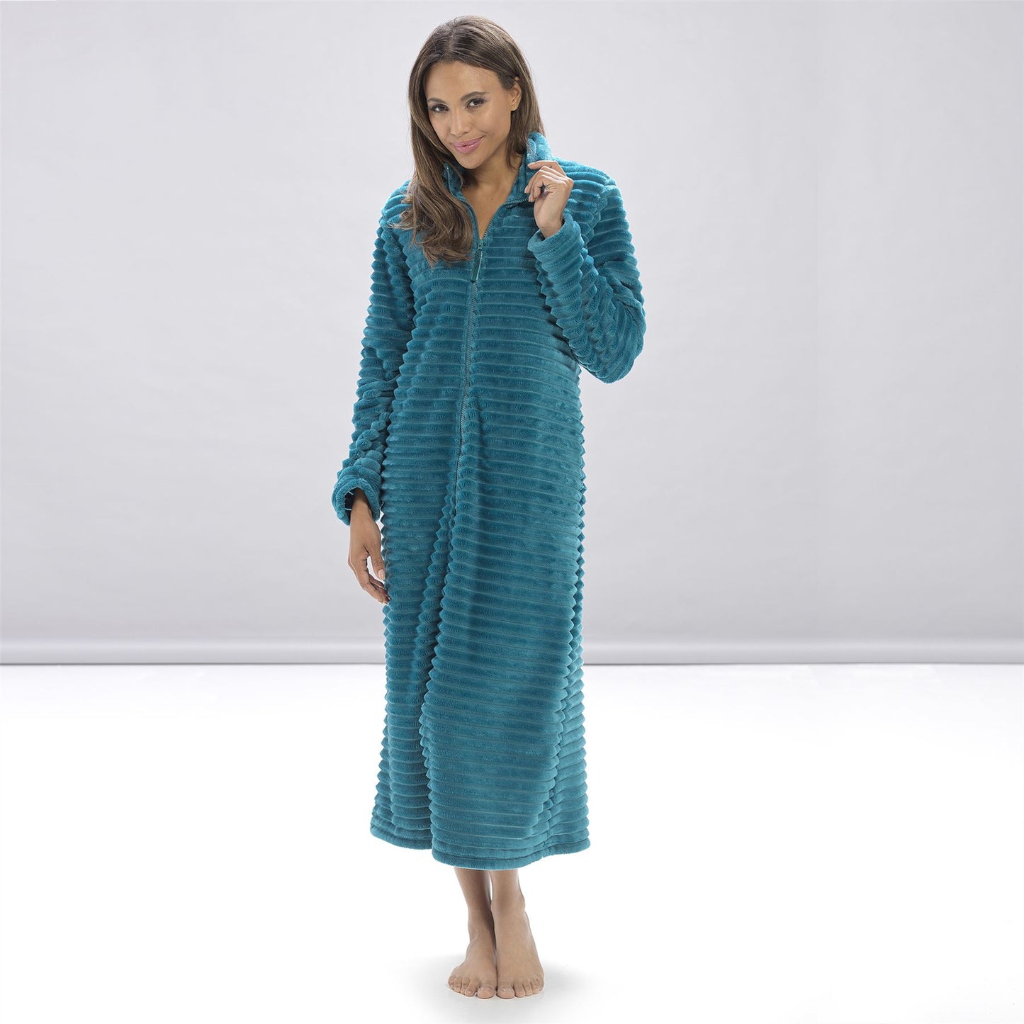 Wolf and Harte Womens Zip Through Ribbed Fleece Robe - Teal