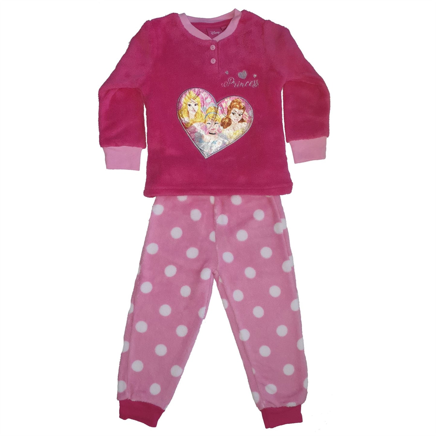 Girls Disney Princess Heart Fleece Pyjamas - Fushia Disney Princess