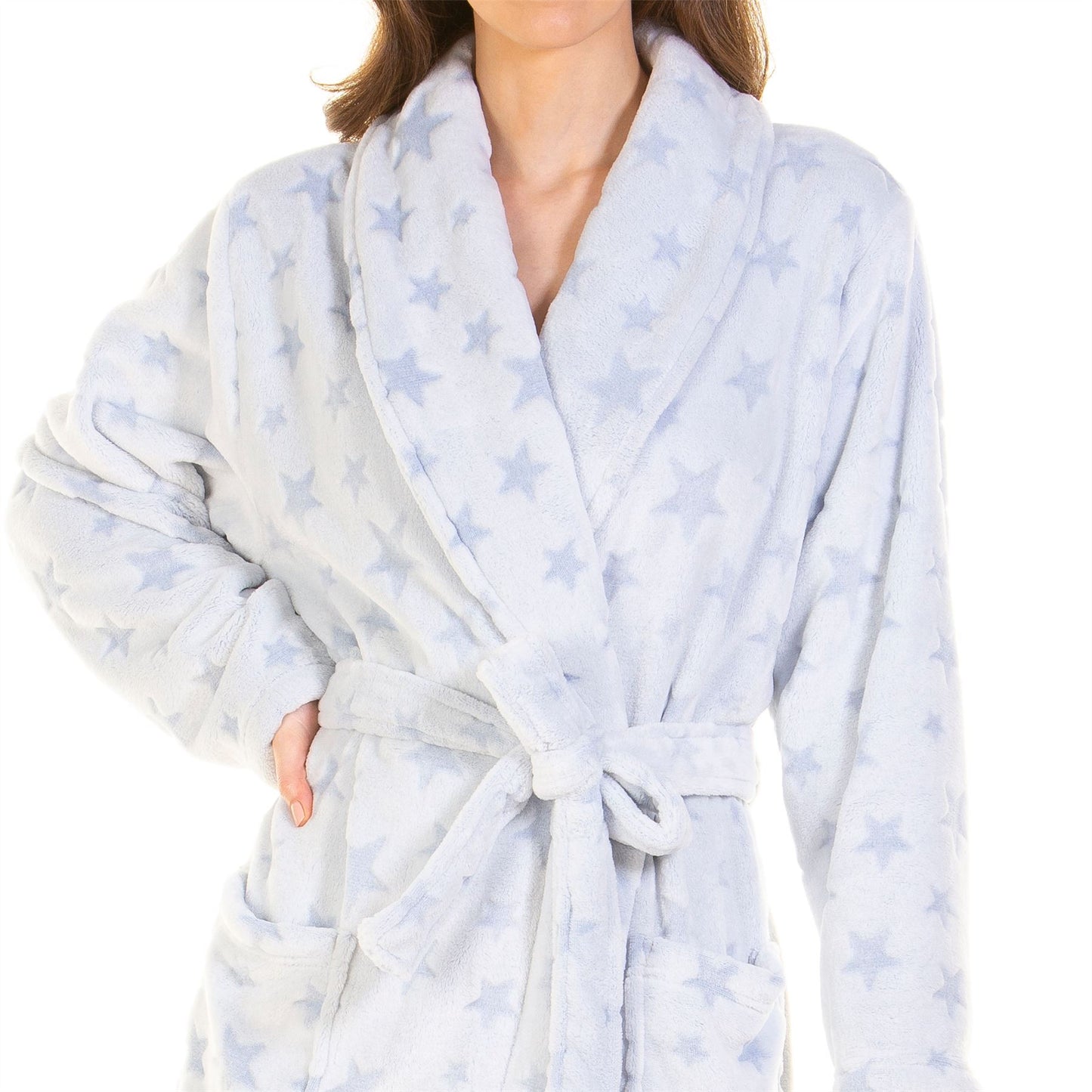 La Marquise Womens Supersoft Fleece Robe - Blue Stars