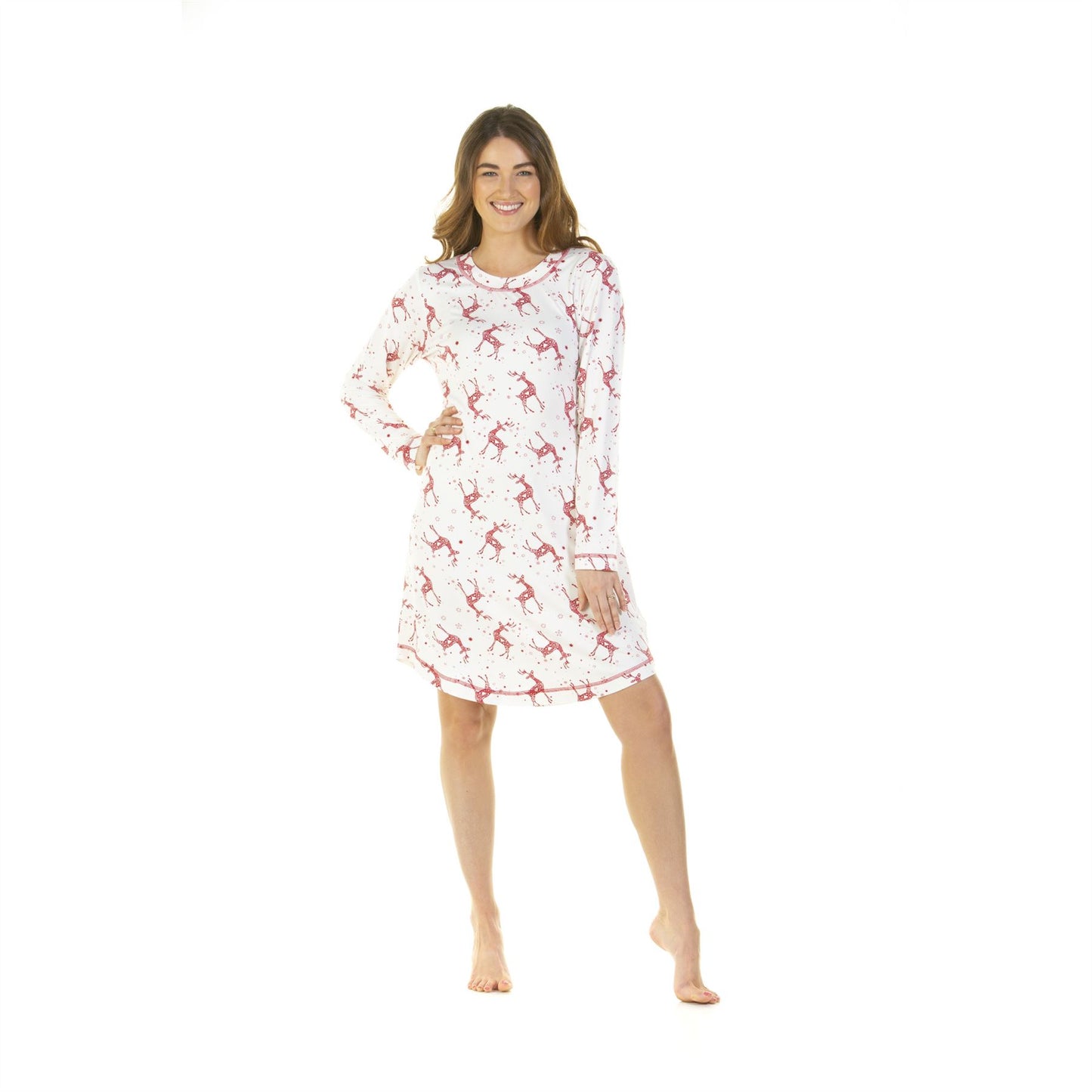 La Marquise Womens Jersey Knit Reindeer Nightdress - Ivory La Marquise