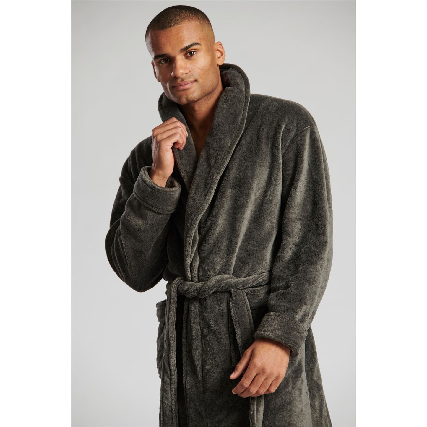 Loungeable Mens Solid Collar Fleece Robe - Charcoal Grey Loungeable