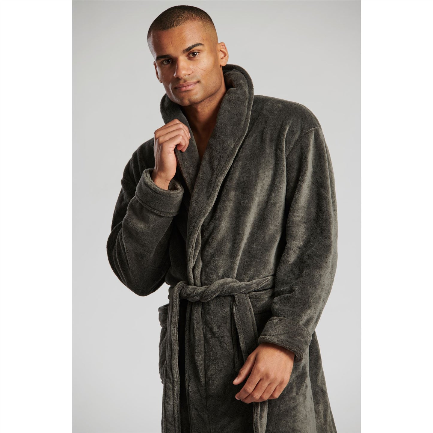 Loungeable Mens Solid Collar Fleece Robe - Charcoal Grey