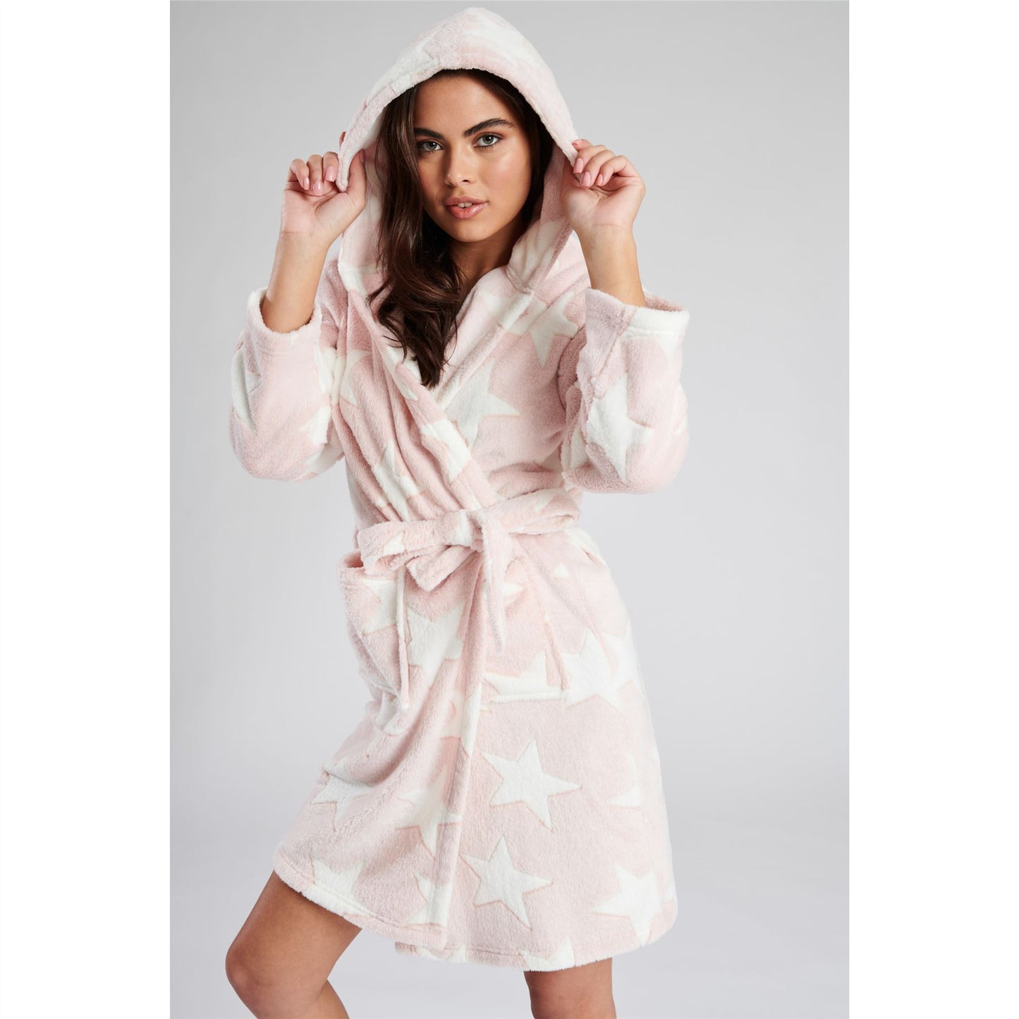 Loungeable Womens Star Embossed Fleece Hooded Robe - Pink Loungeable