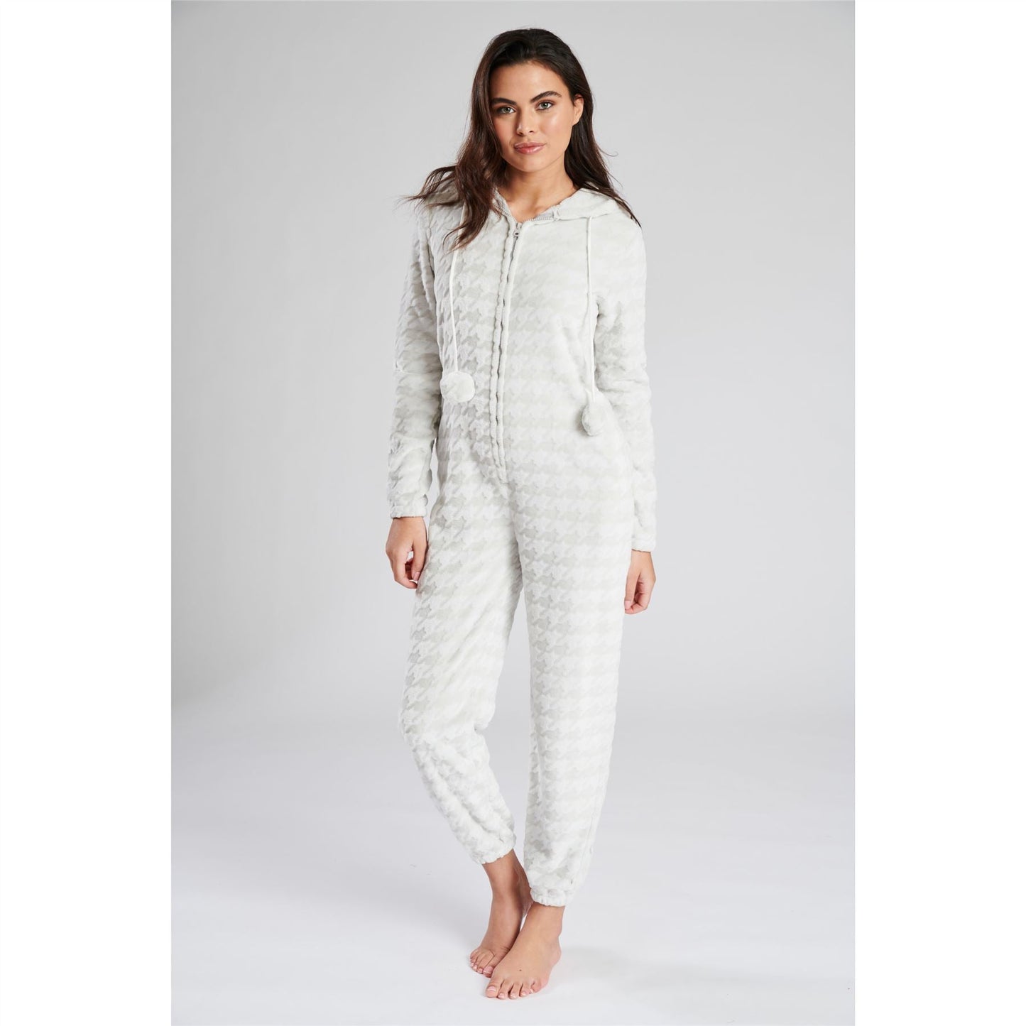 Loungeable Womens Houndstooth Fleece Onesie - Grey Loungeable