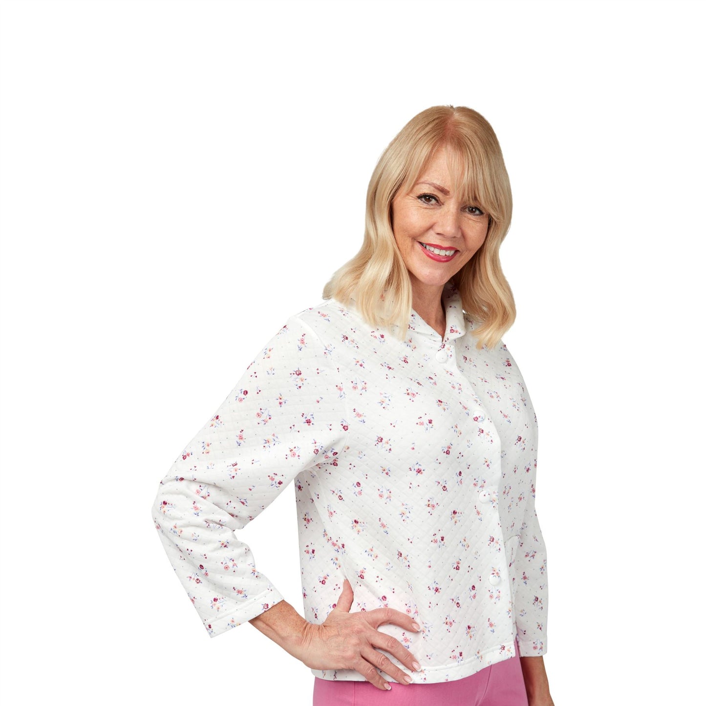 Marlon Mock Quilt Button Through Floral Bedjacket - Pink