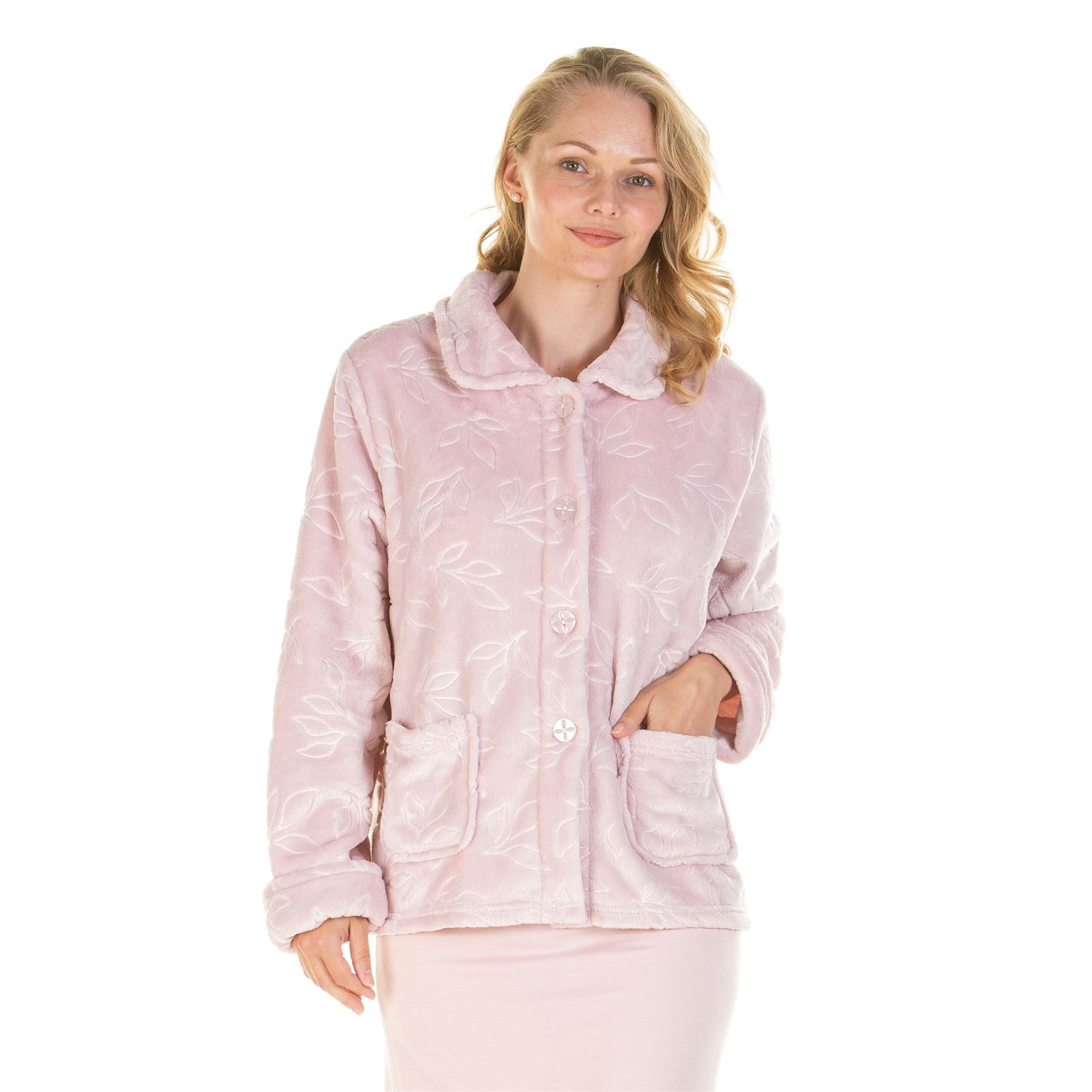 La Marquise Button Through Cosy Leaves Bedjacket - Pink La Marquise