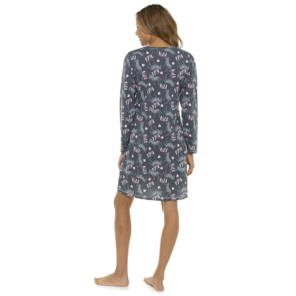 Foxbury Womens Wild Print Long Sleeve Nightdress - Charcoal Foxbury